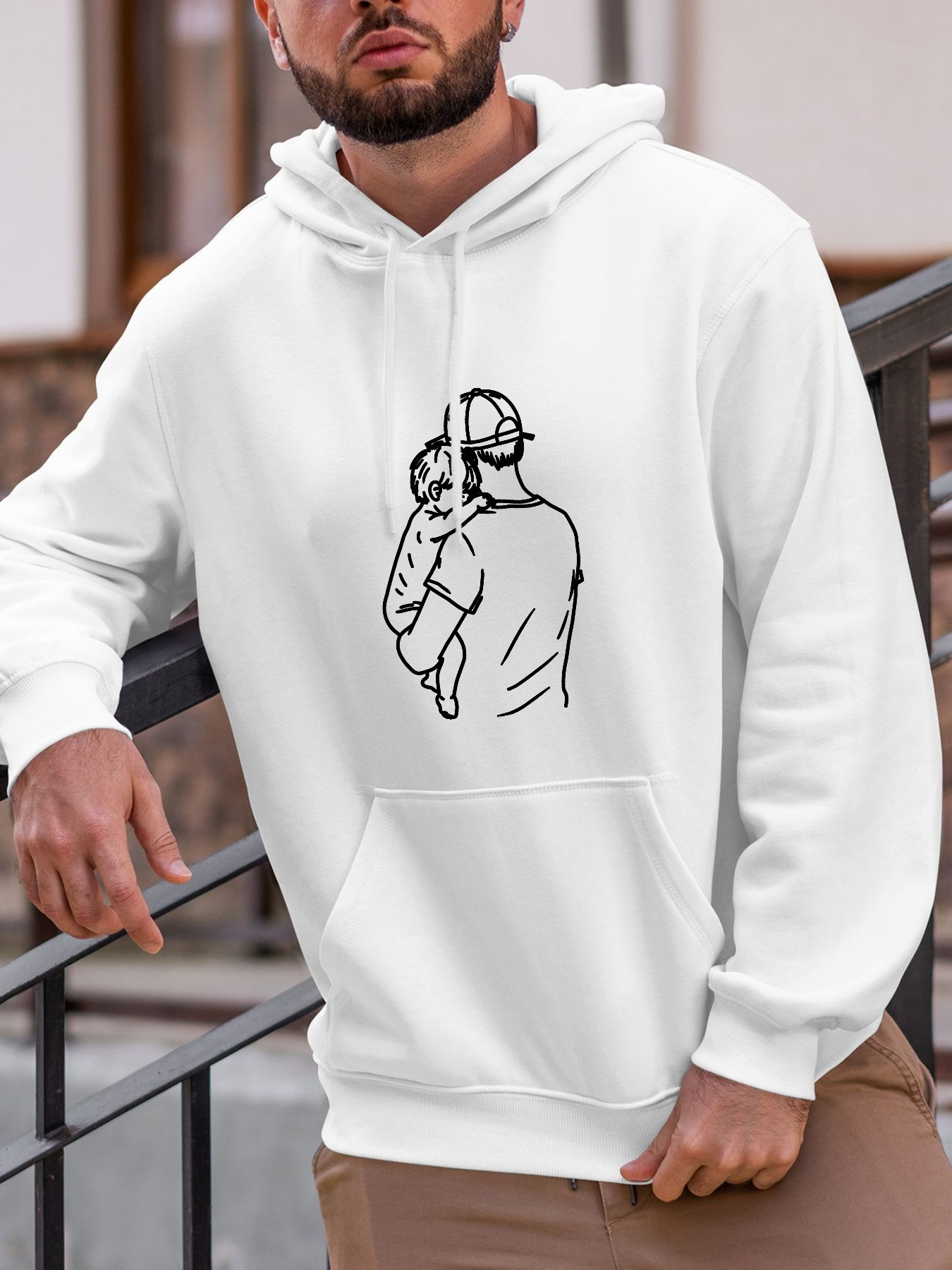 Tailorly Men's Printed Hoodie - Minimalist Line Drawing With Loving Father Holding Child