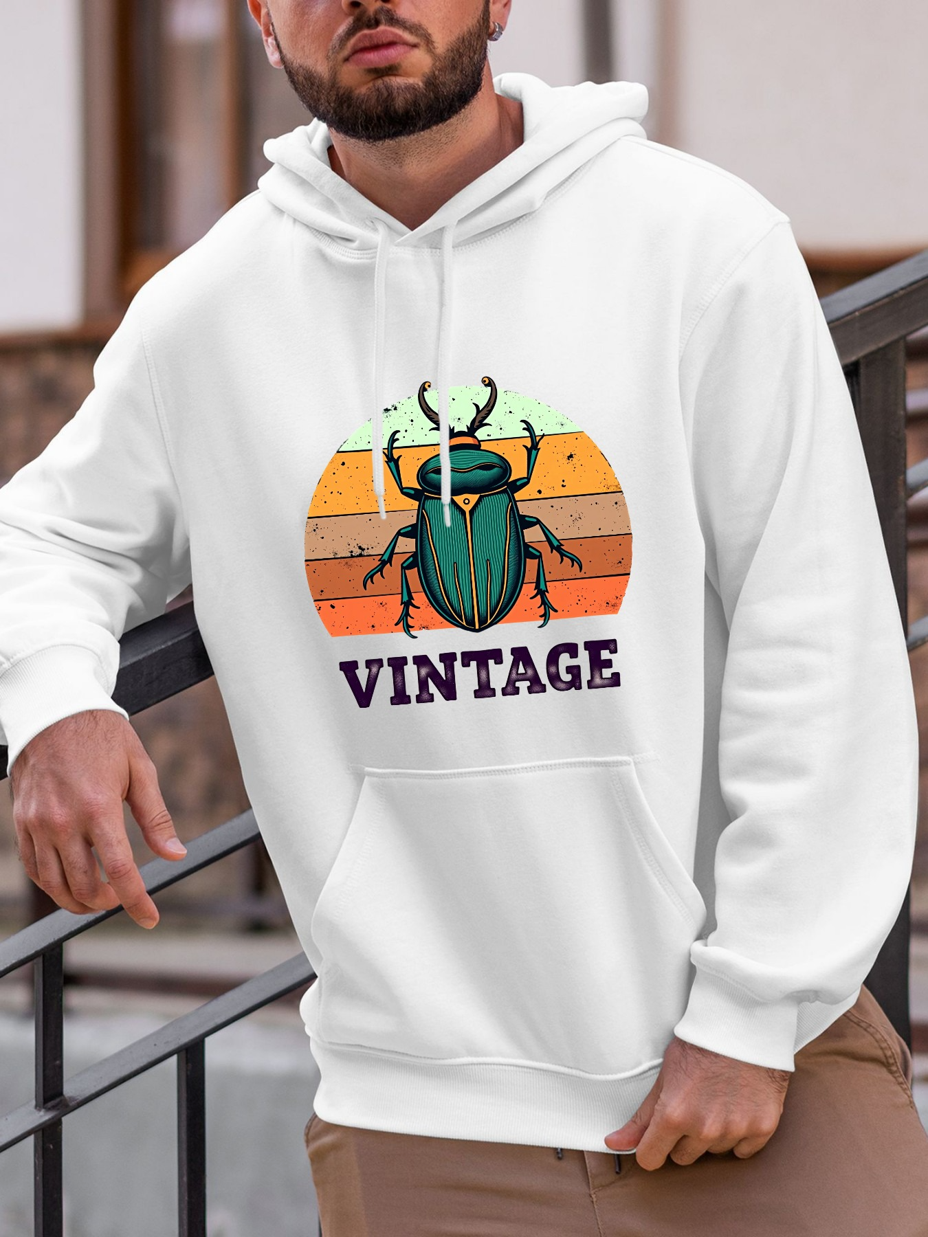 Tailorly Men's Printed Hoodie - Vintage Sunset Glow With Abstract Orange Beetle