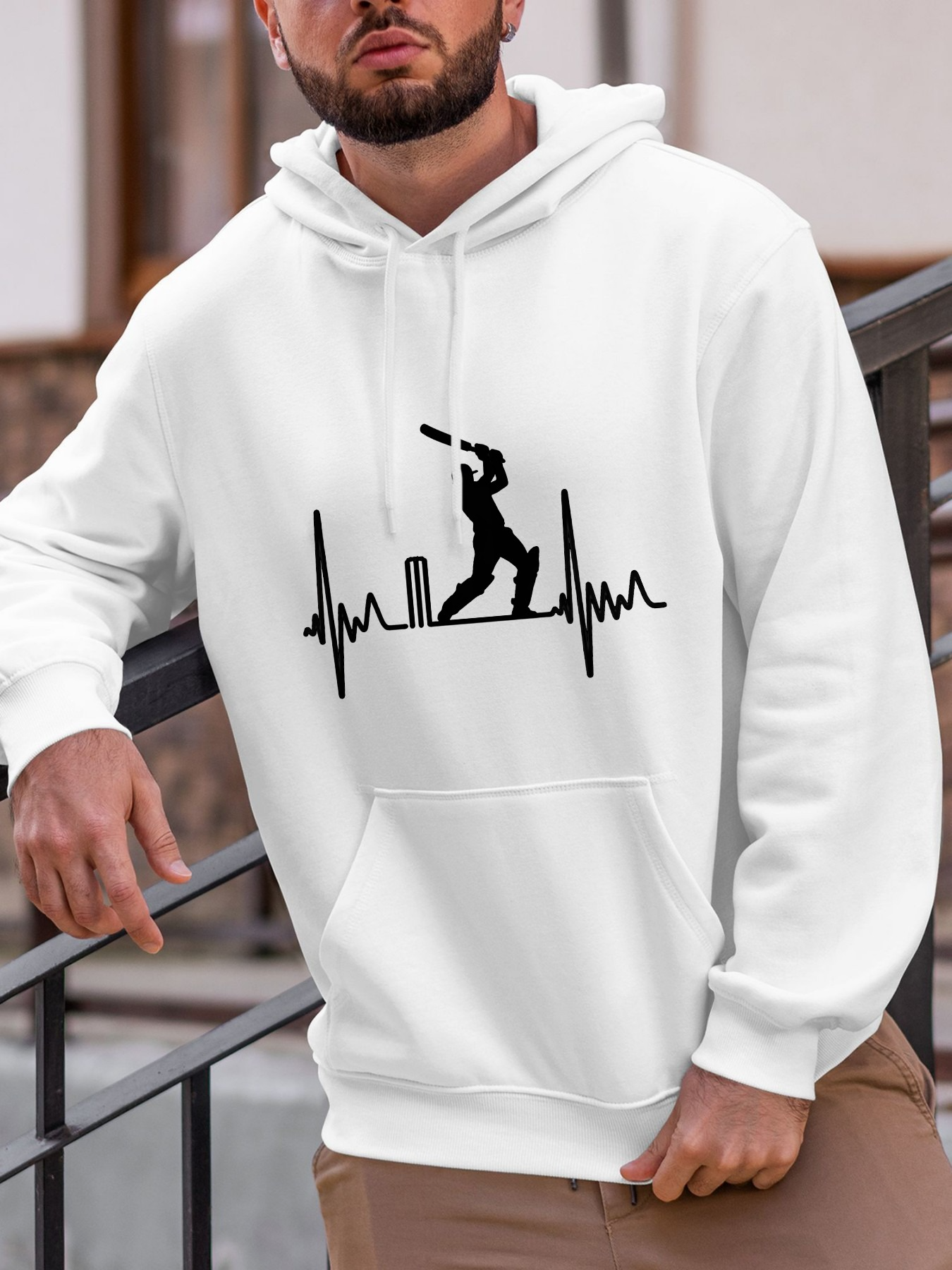 Tailorly Men's Printed Hoodie - Heartbeat Line With Cricketer Silhouette Playing Batting Cricket