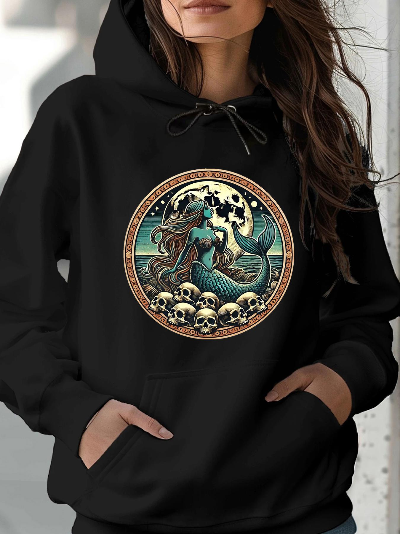 Tailorly Women's Printed Hoodie - Mystical Night With Moonlit Water Surrounded By Skulls Mysterious Mermaid