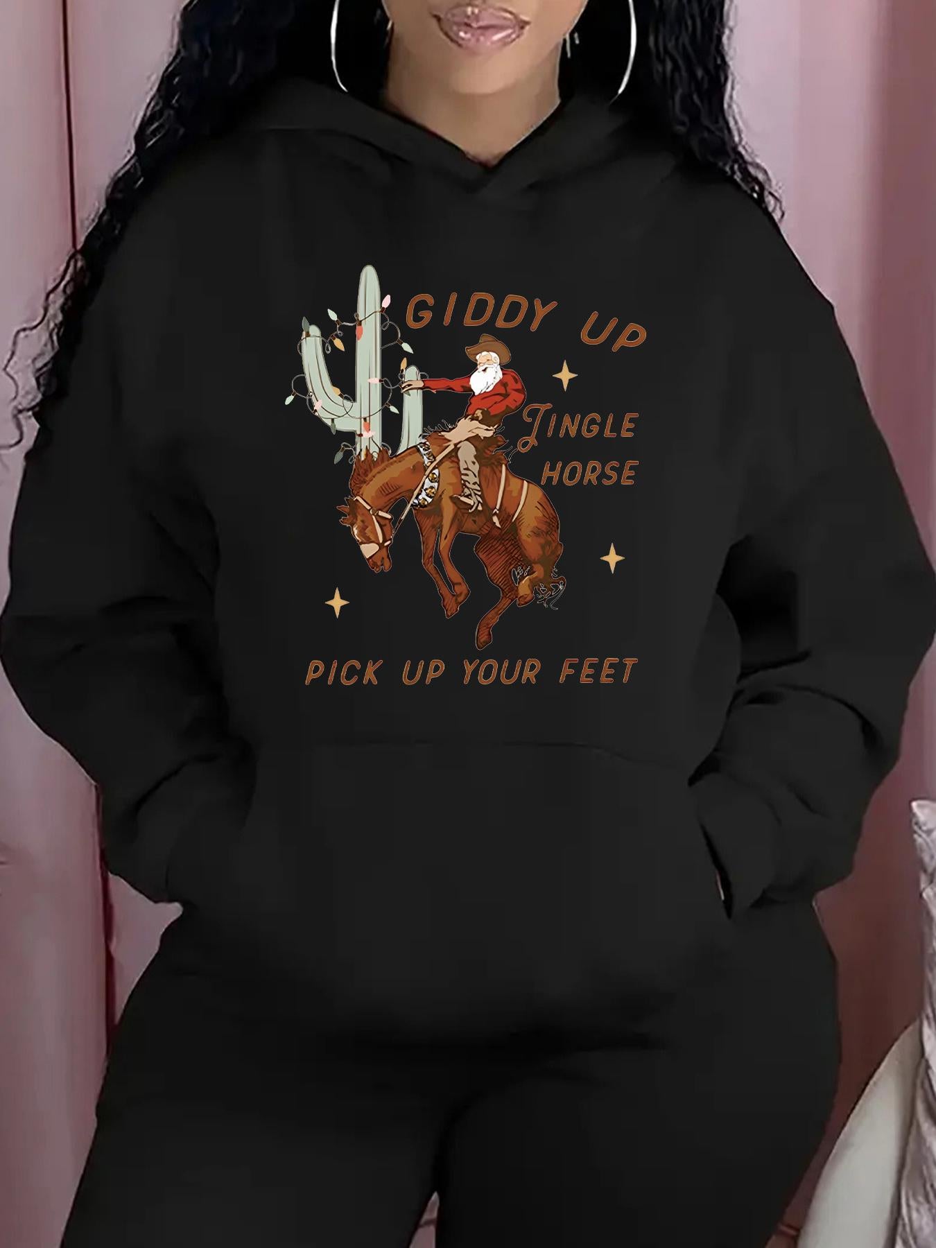 Tailorly Women's Printed Hoodie - Giddy Up Single Horse Desert Cactus And Cowgirl On Brown Horse