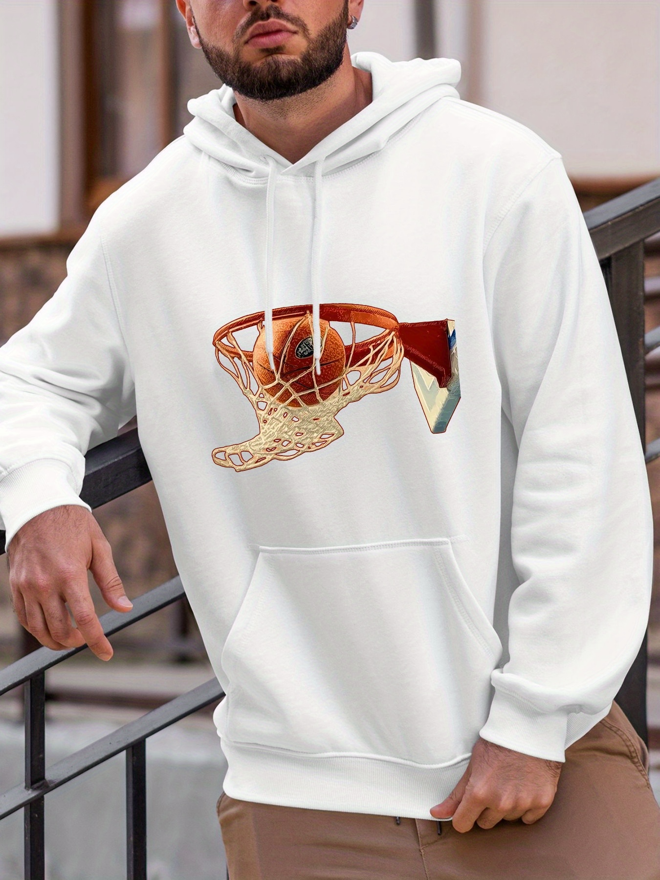 Tailorly Men's Printed Hoodie - Dynamic Slam Dunk Action With Basketball Net And Backboard Basketball