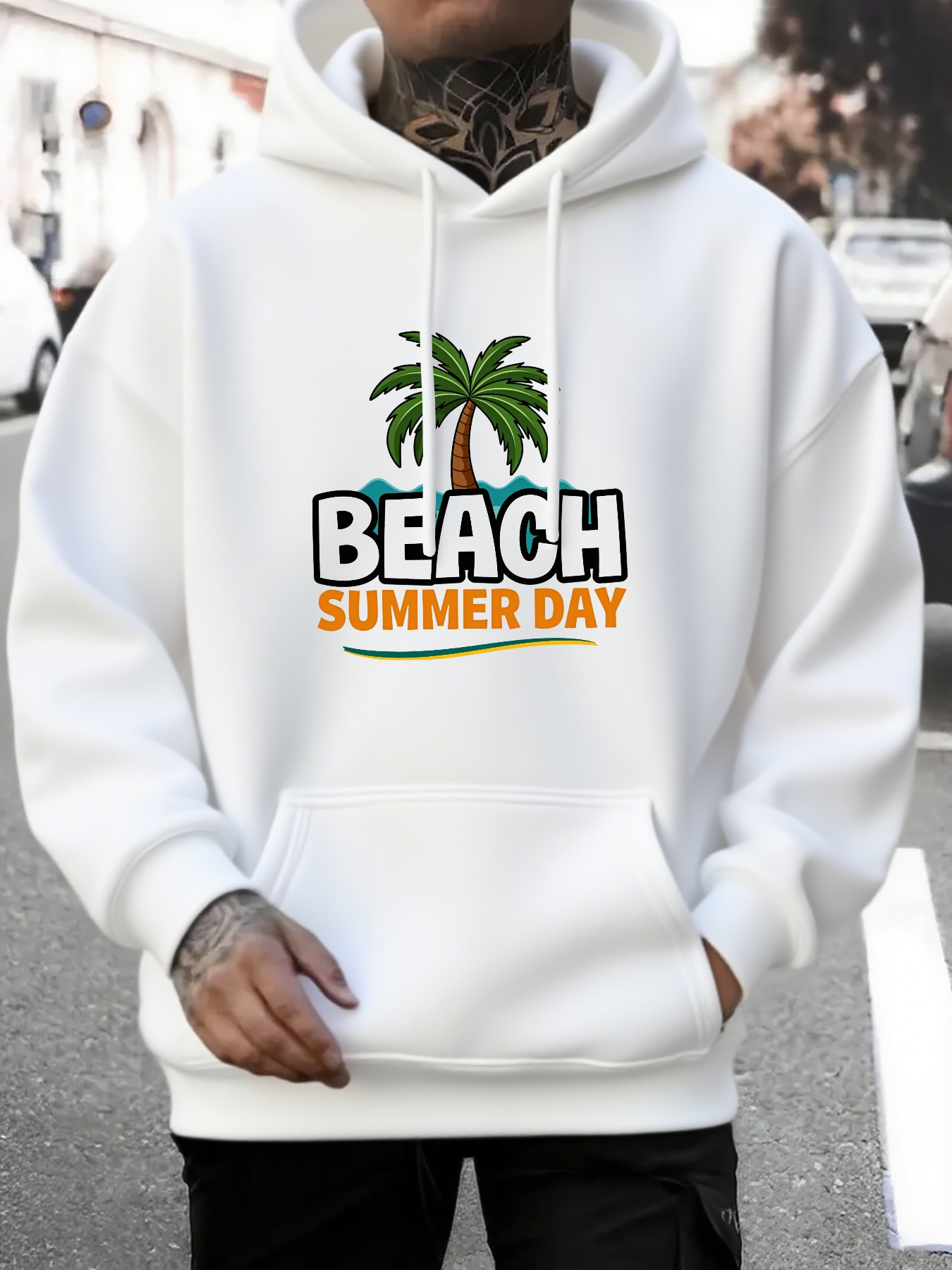 Tailorly Men's Printed Hoodie - Beach Summer Day With Vibrant Palm Trees In Sunset Scene