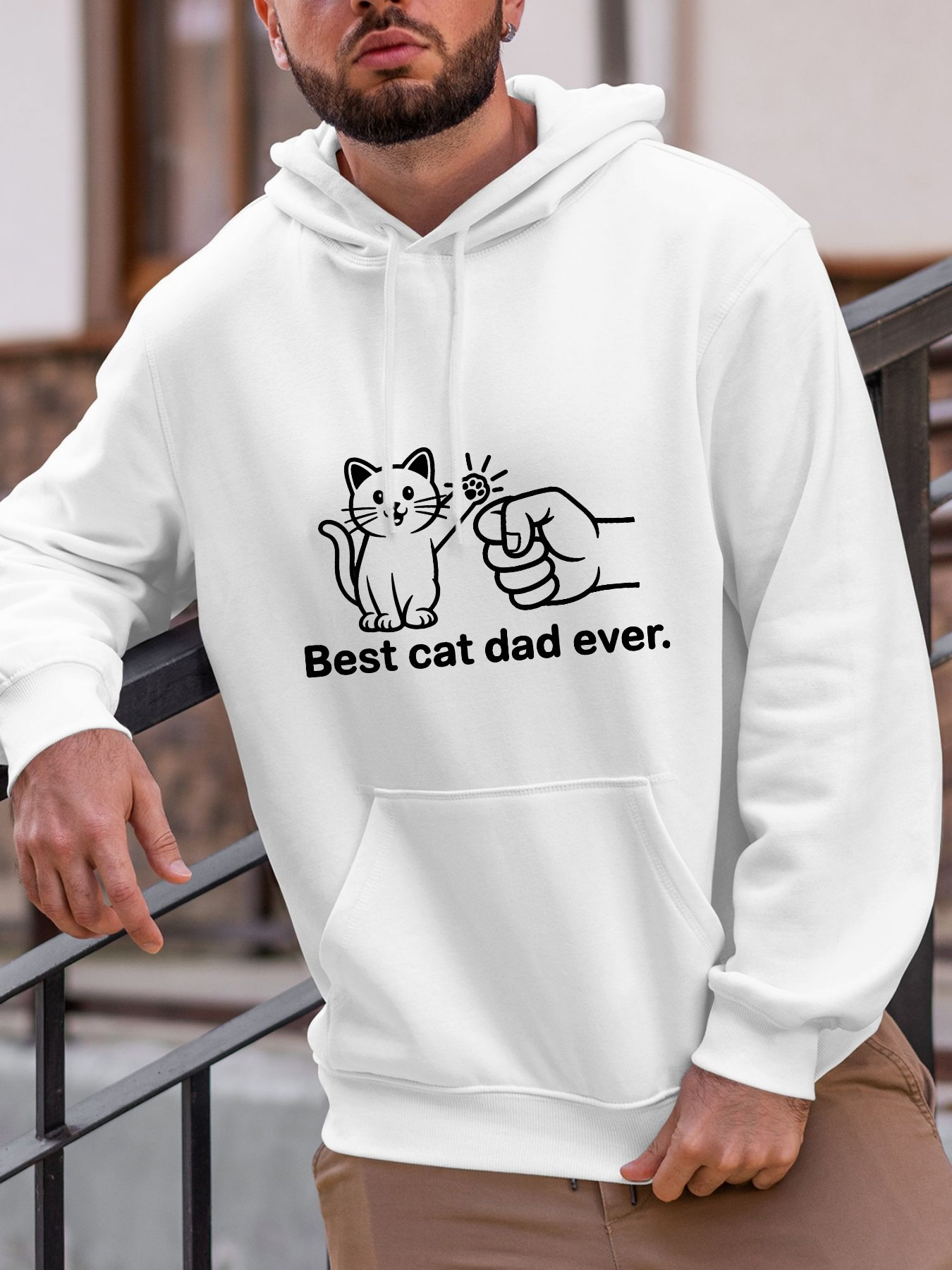 Tailorly Men's Printed Hoodie - Best Cat Dad Ever Playful Kitten Reaching Out Beside Human Fist Bump Cat