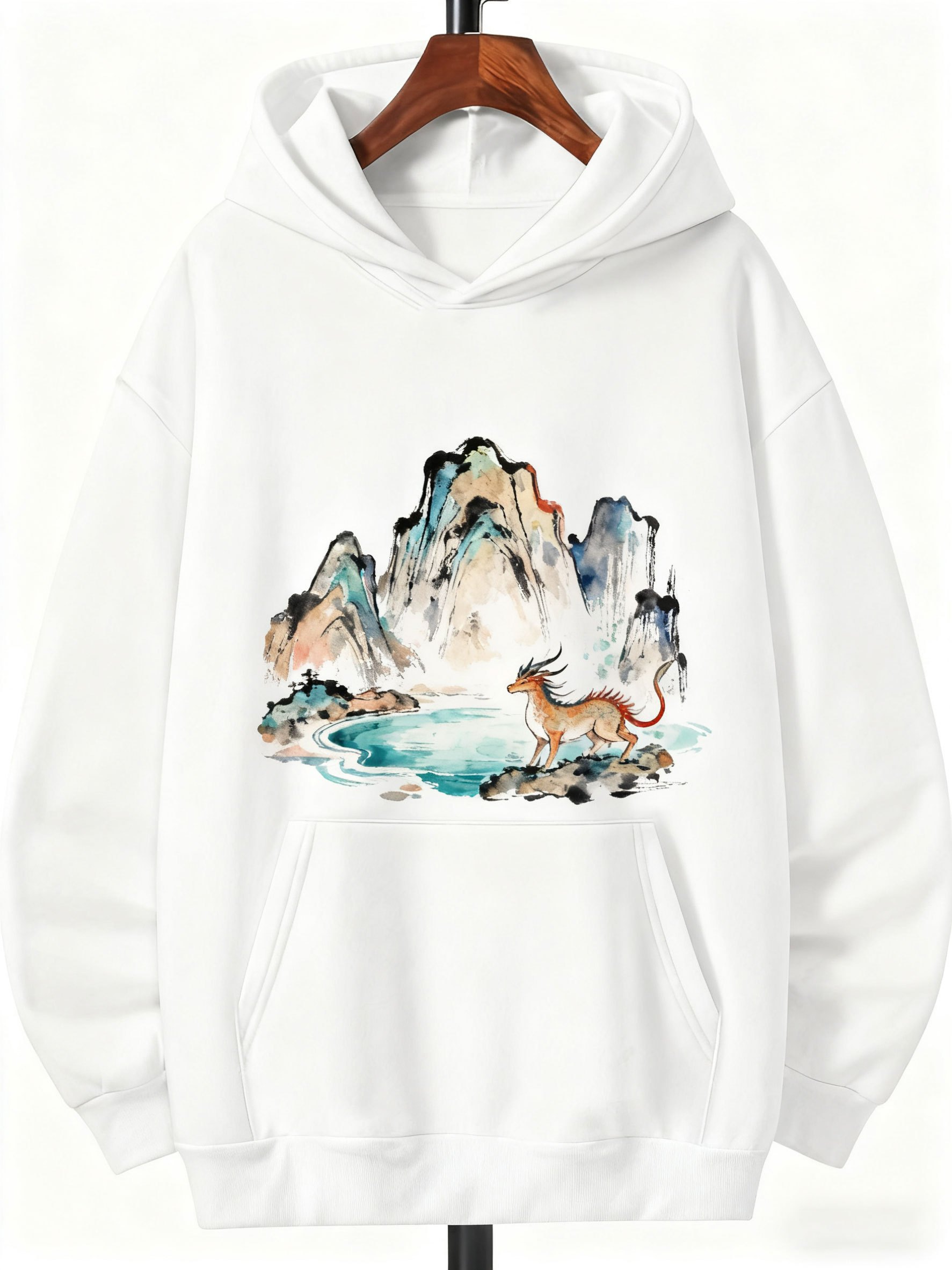 Tailorly Men's Printed Hoodie - Peaceful Lake With Majestic Mountains And Serene Lone Deer