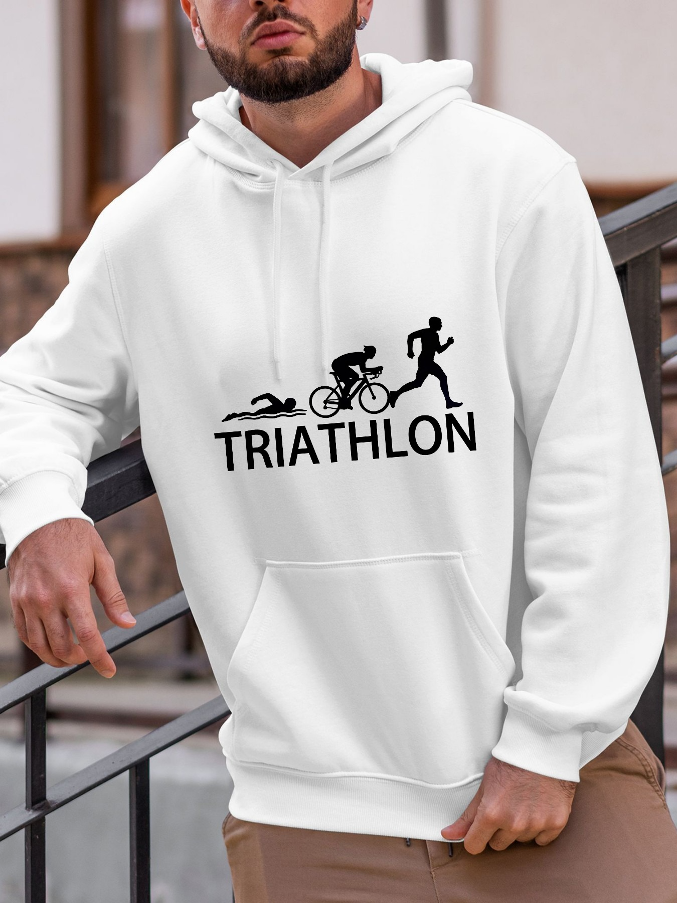 Tailorly Men's Printed Hoodie - Bold Black Icons With Running Cycling And Swimming Motifs Triathlon
