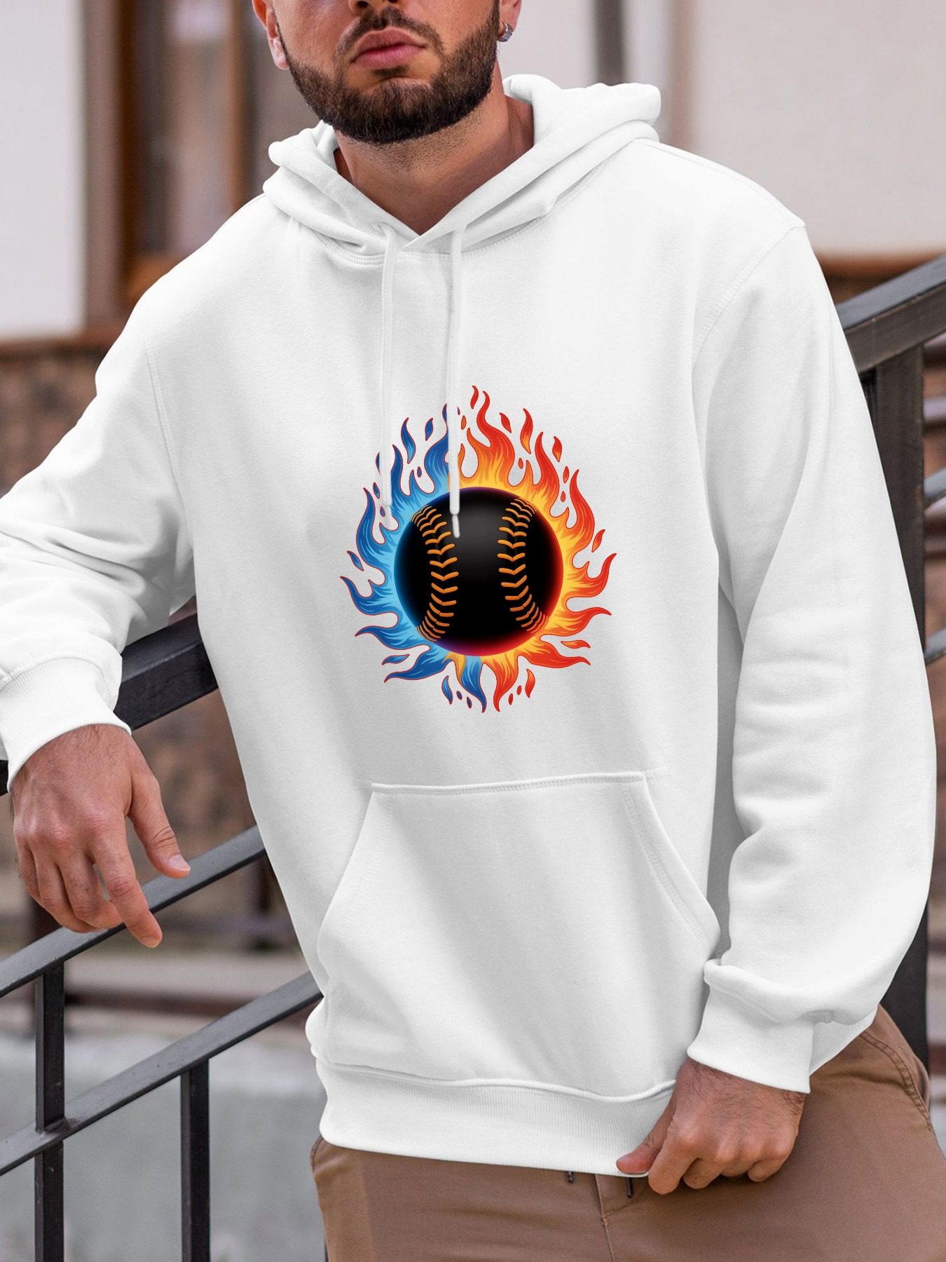 Tailorly Men's Printed Hoodie - Vivid Energy Flames With Fiery Blue Red Pattern Baseball