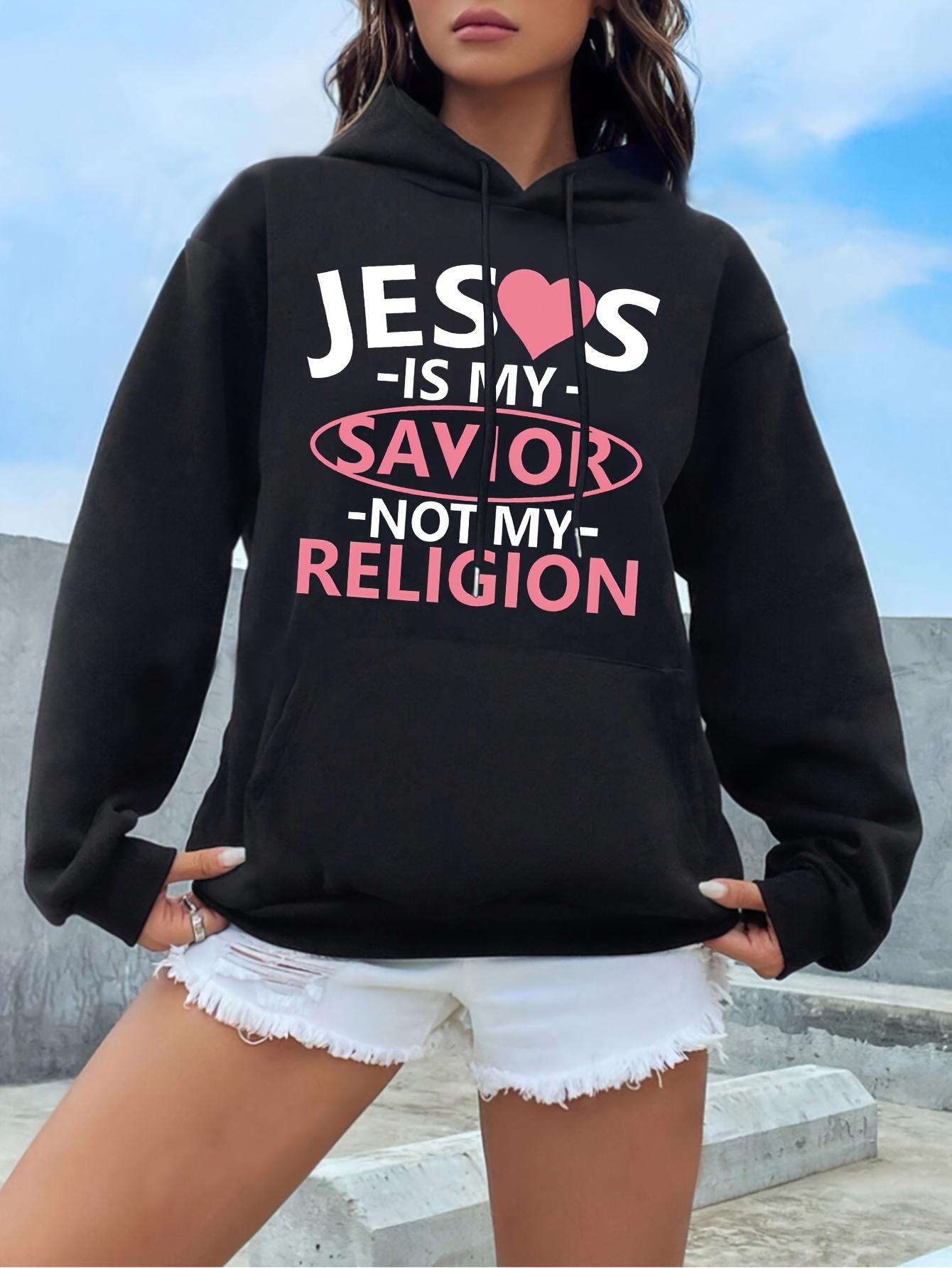Tailorly Women's Printed Hoodie - Jesus Is My Savior Not My Religion Lettering With Pink Heart Illustration Hoodie