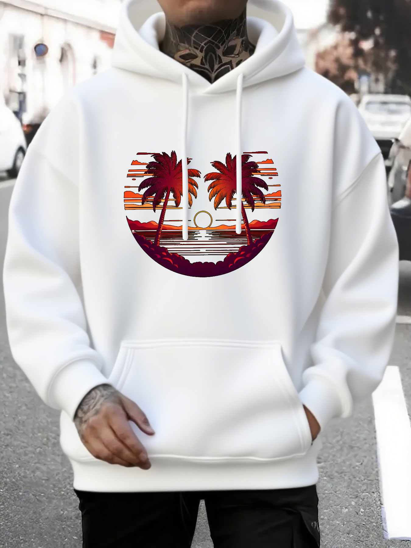 Tailorly Men's Printed Hoodie - Sunset Reflections With Vibrant Clouds And Palm Trees Beside Ocean Beach