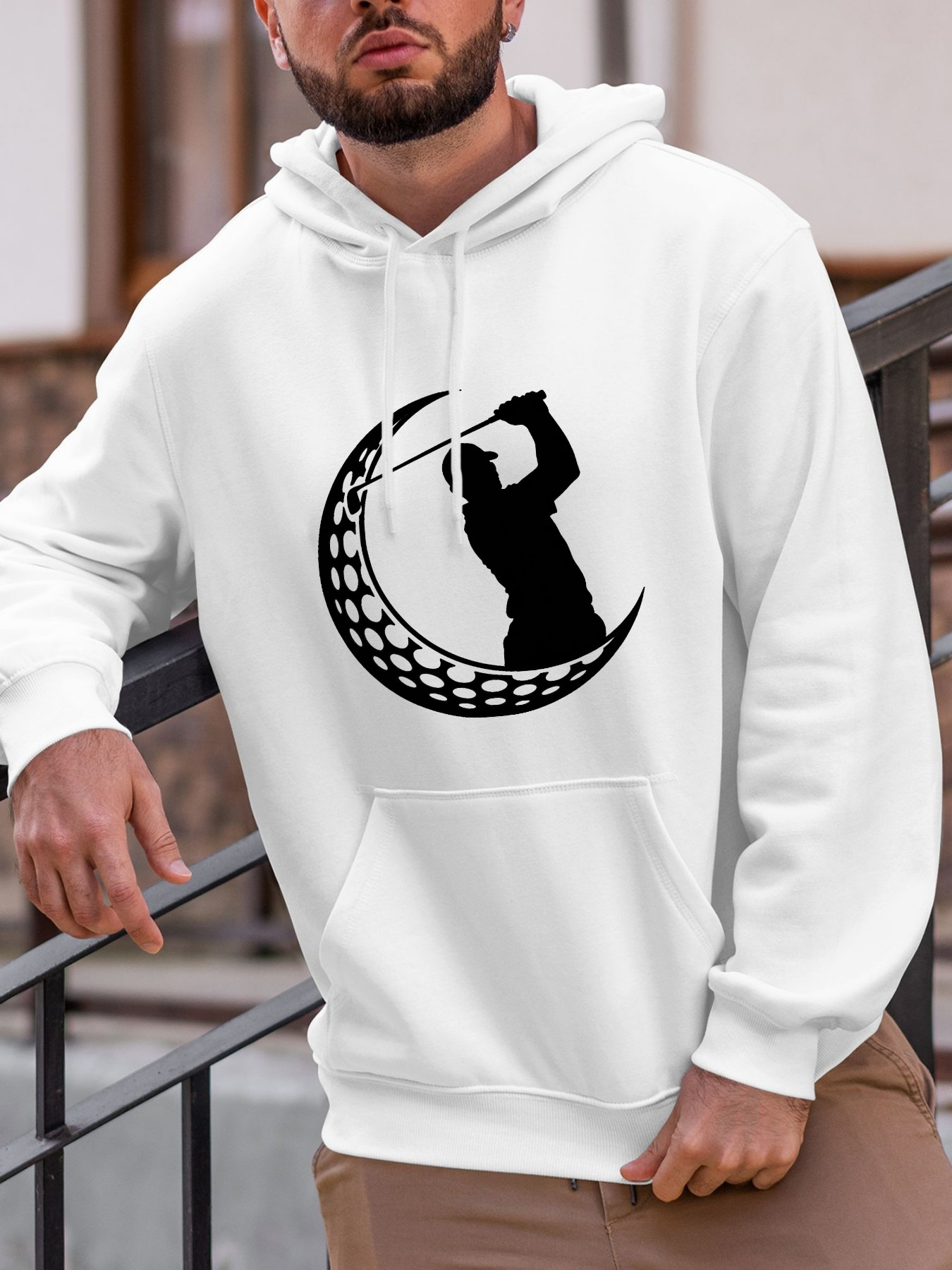 Tailorly Men's Printed Hoodie - Modern Graphic Crescent With Golfer Swinging Under Black Ornamented Moon Golfer