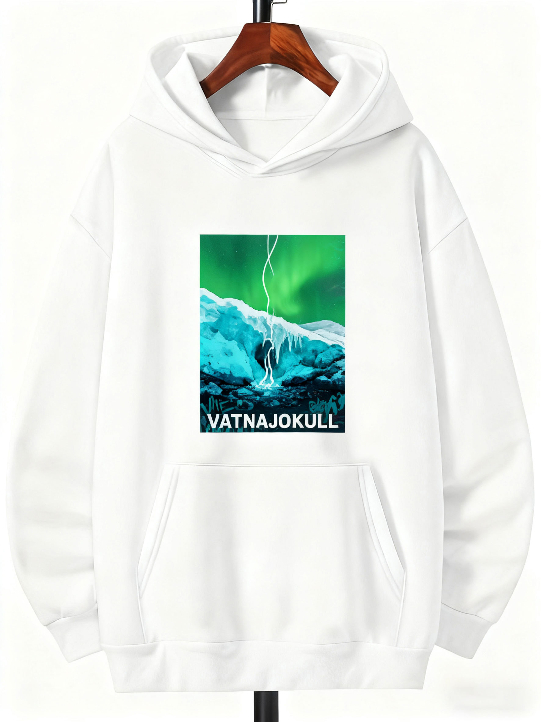 Tailorly Men's Printed Hoodie - Vatnajokull Aurora Night Sky Over Snowy Glacier Mountain