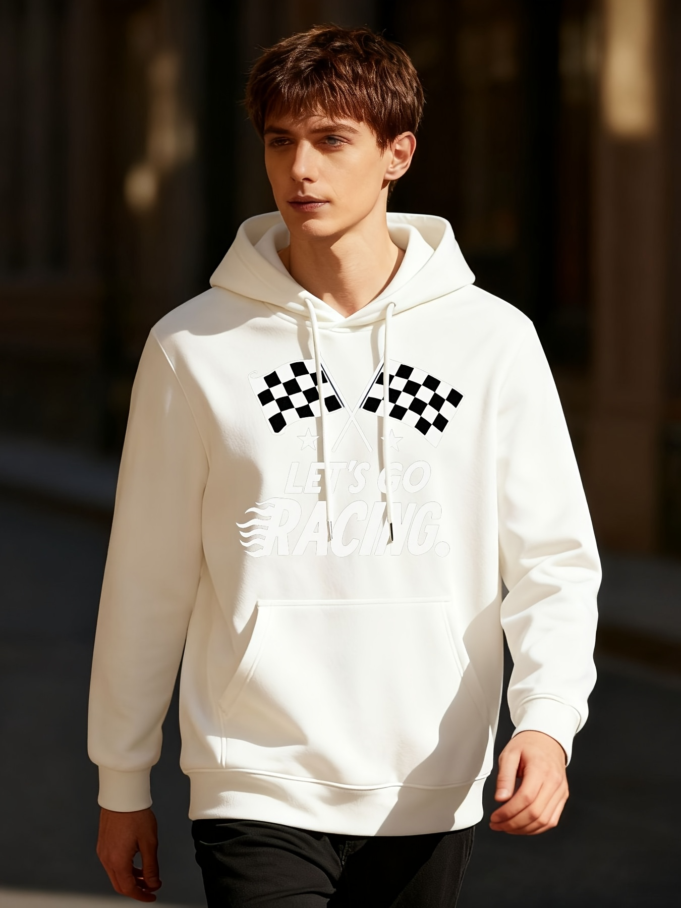 Tailorly Men's Printed Hoodie - Vintage Checkerboard Pattern With Racing Flags Under Bright Sunlight Hoodie