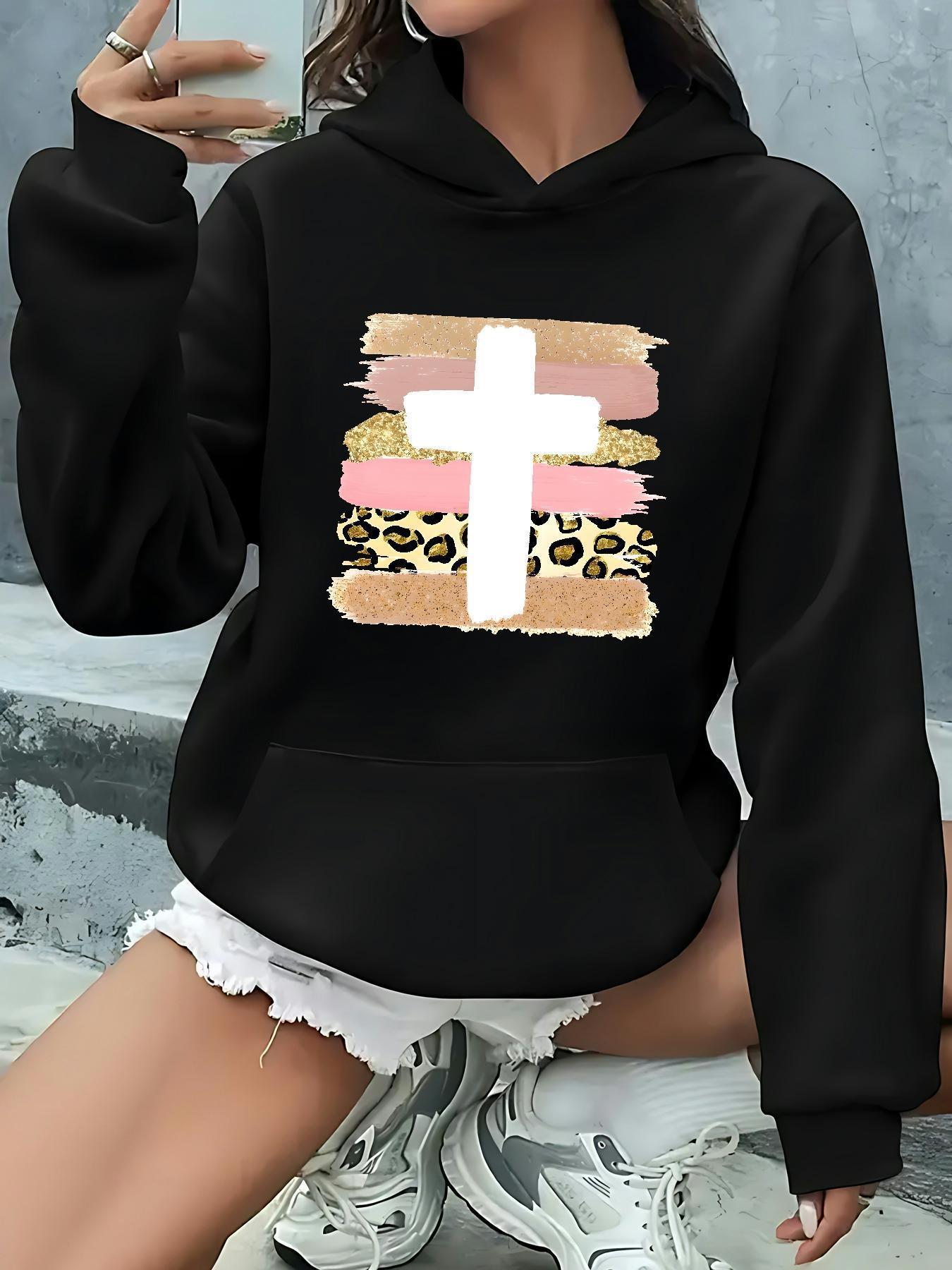 Tailorly Women's Printed Hoodie - Modern Painted Pattern With Leopard Accents And A Centered Bold Cross