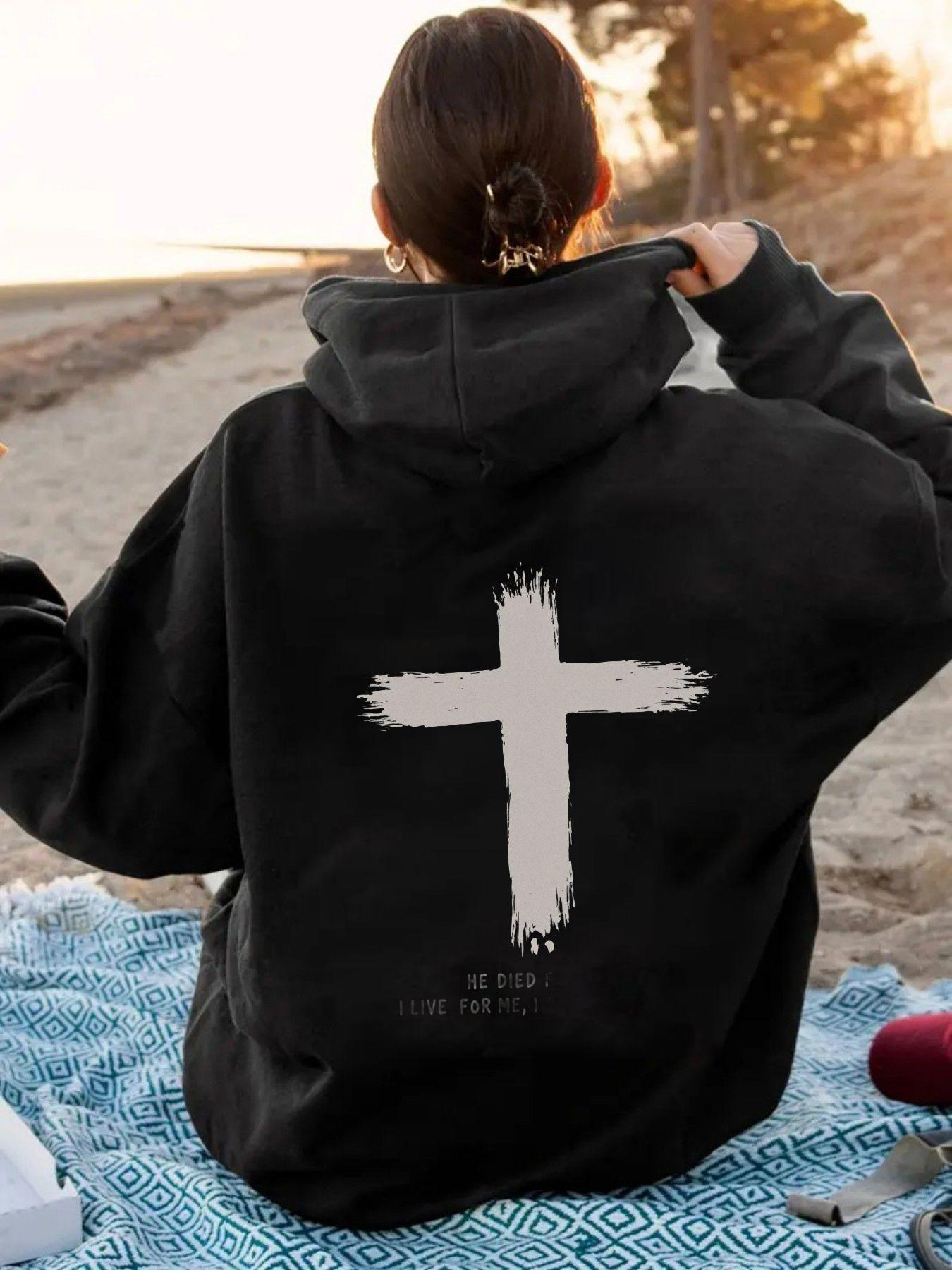 Tailorly Women's Printed Hoodie - Textured Brushstroke White Cross On Plain Black Hoodie