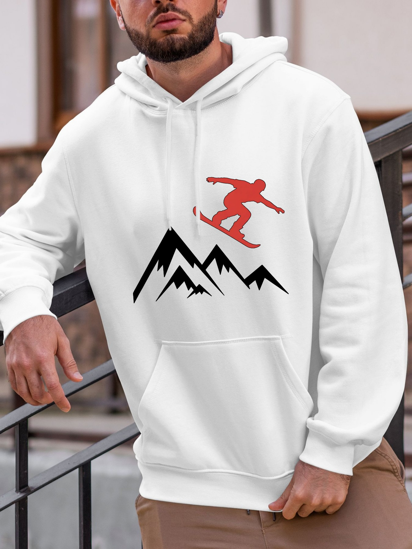 Tailorly Men's Printed Hoodie - Red Silhouette Snowboarder Jumping Above Black Rugged Mountain Peaks