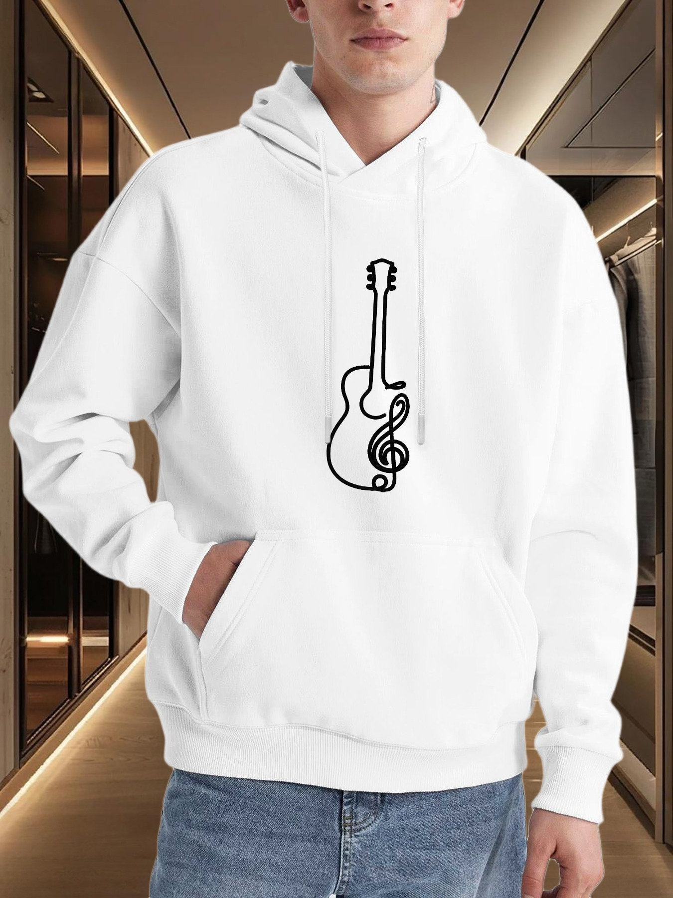 Tailorly Men's Printed Hoodie - Treble Clef Merged With Minimalist Guitar Line Drawing