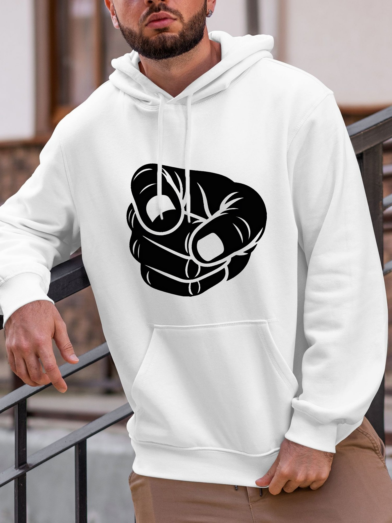 Tailorly Men's Printed Hoodie - Bold Black Graphic Pointing Forward Hand Design