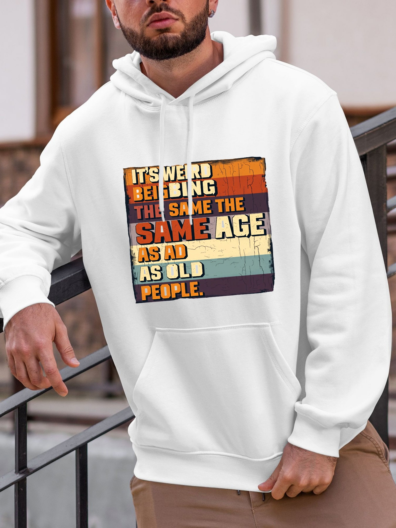 Tailorly Men's Printed Hoodie - Retro Color Striped Block With Distressed Playful Letter Quotes People
