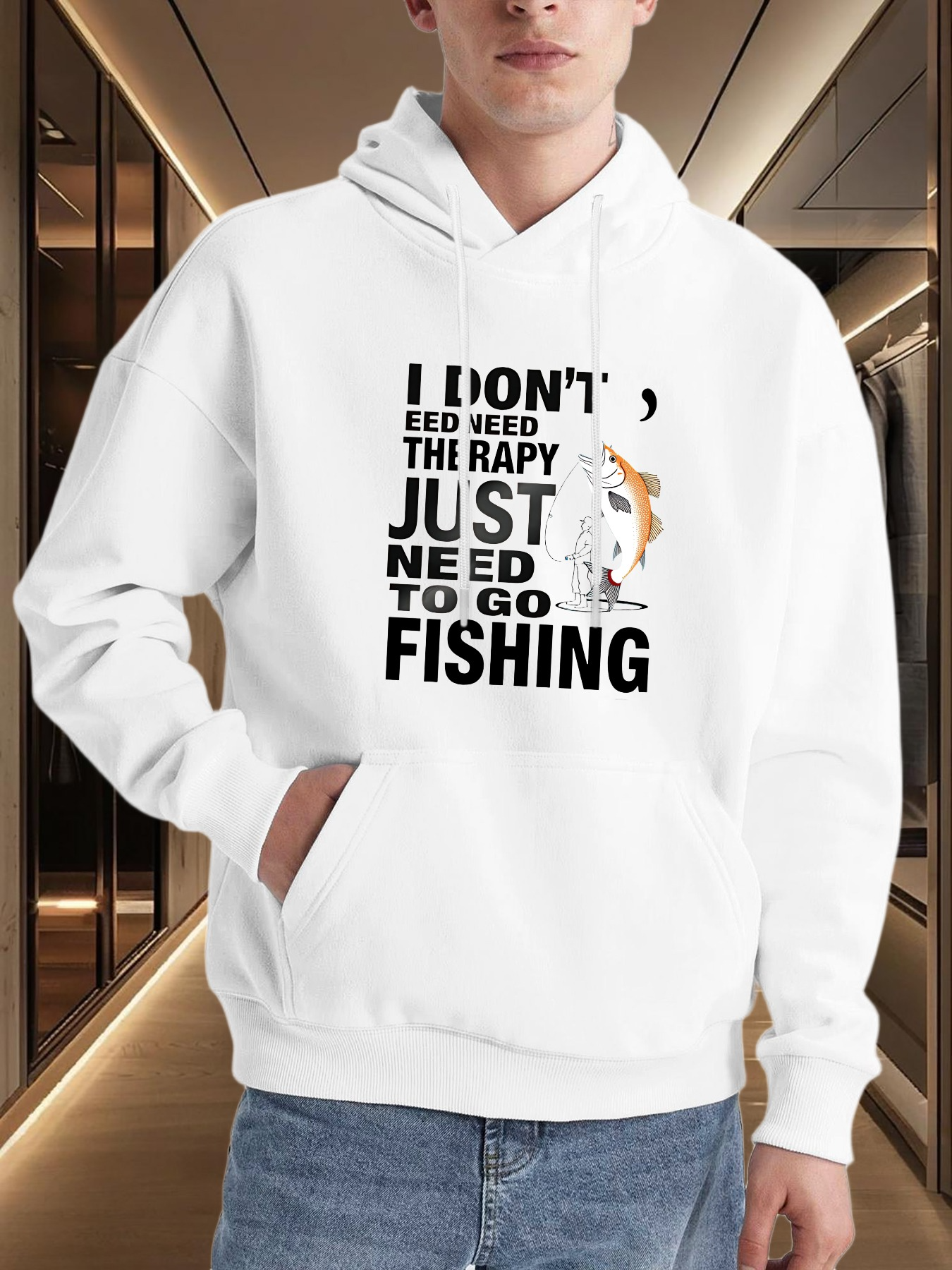 Tailorly Men's Printed Hoodie - I Dont Need Therapy Just Need To Go Fishing With A Playful Cat