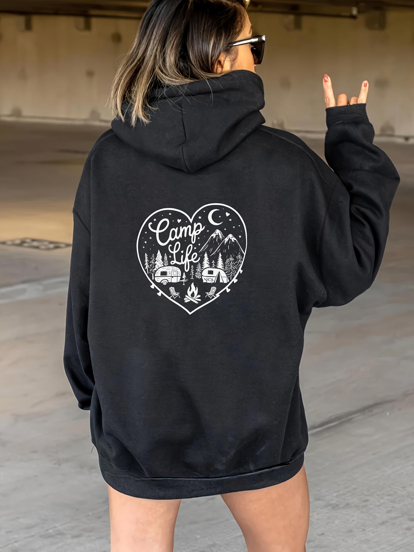 Tailorly Women's Printed Hoodie - Camp Life With Stars Mountains Campers And Pine Forest Heart
