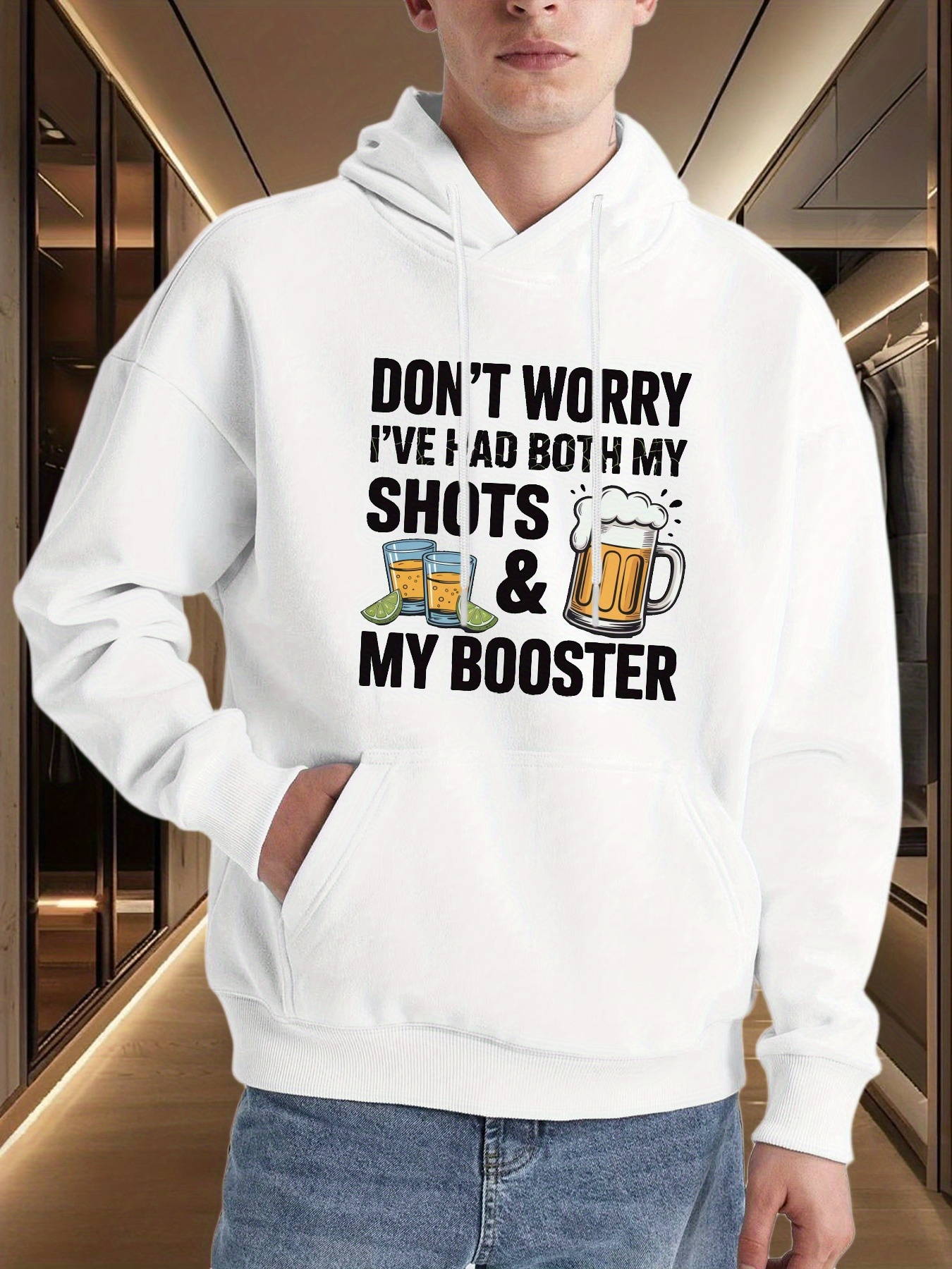 Tailorly Men's Printed Hoodie - Dont Worry Ive Had Both My Shots And My Booster With Cartoon Beer Mugs