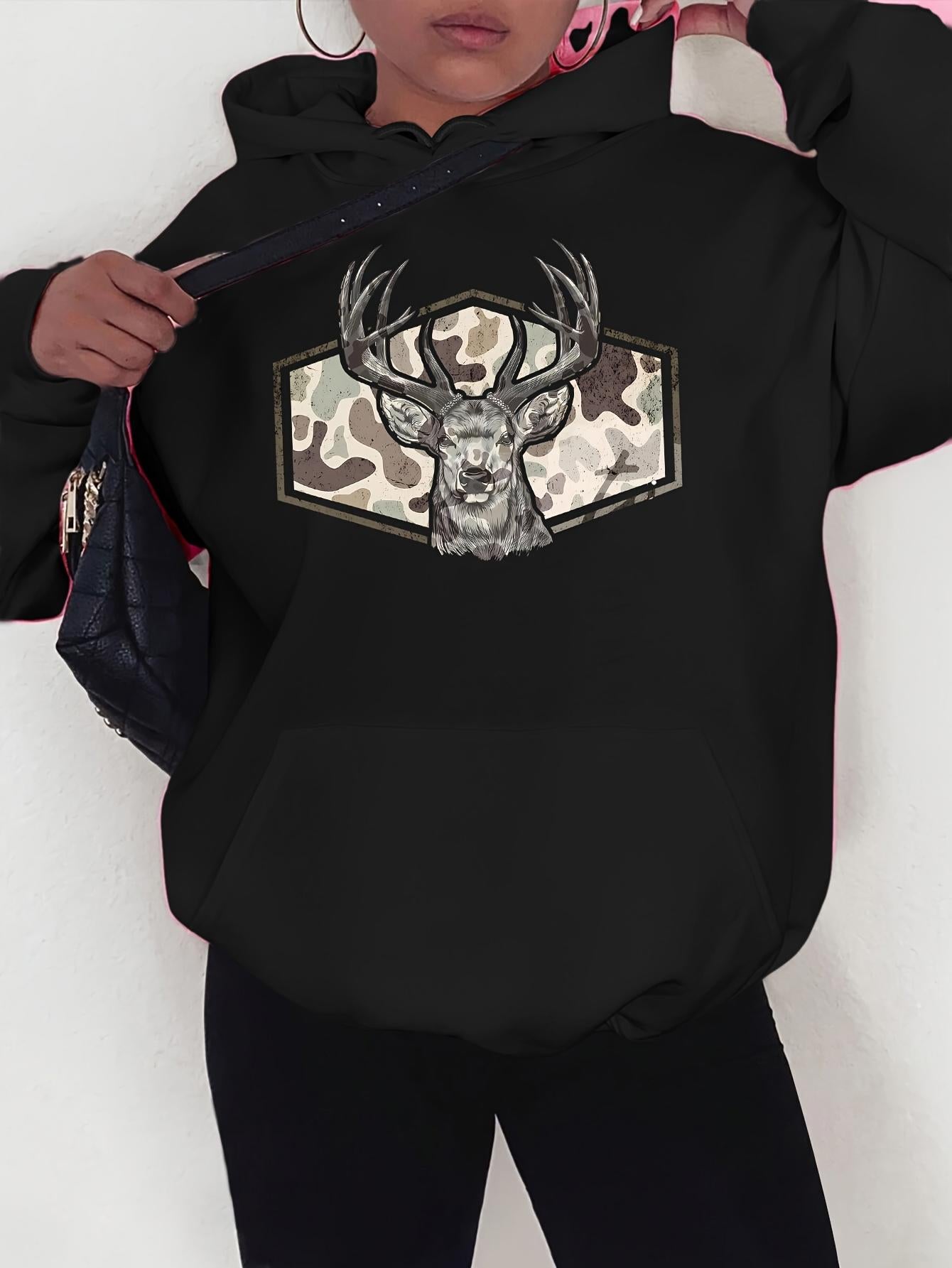 Tailorly Women's Printed Hoodie - Camo Patterned Shield With Majestic Antlered Deer Face In The Center
