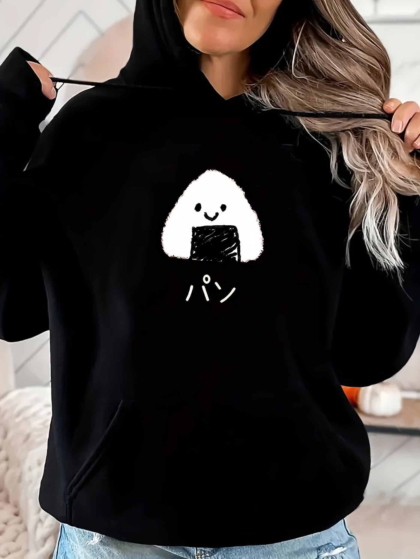 Tailorly Women's Printed Hoodie - Happy Cute Character With Smiling Face And Seaweed Triangle Onigiri