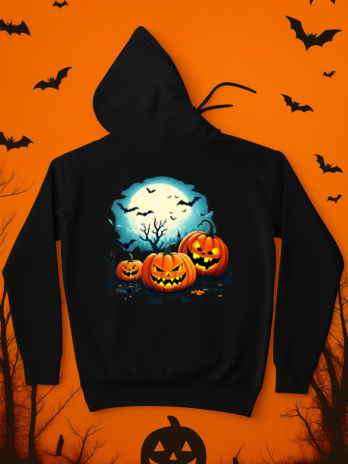 Tailorly Men's Printed Hoodie - Glowing Full Moon Behind Leafless Trees With Flying Bats And Carved Pumpkins