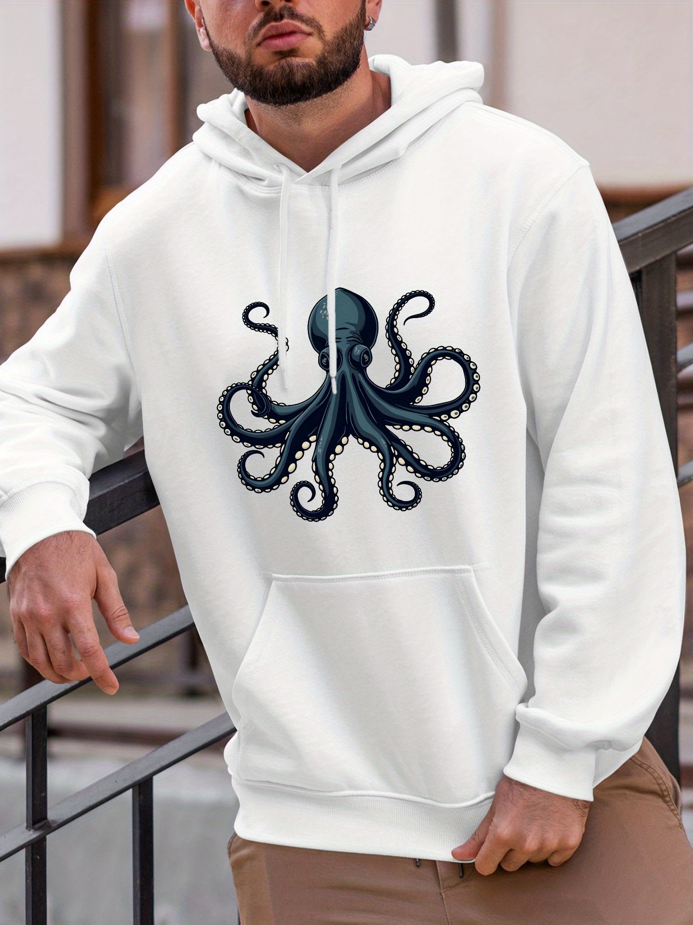 Tailorly Men's Printed Hoodie - Dark Inky Water Rippling Quietly Underneath Graceful Detailed Octopus