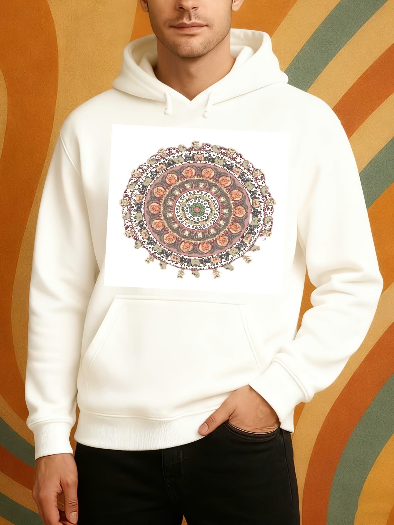Tailorly Men's Printed Hoodie - Intricate Hand Drawn Mandala With Ornamental Patterns And Subtle Earth Tone Accents Mandala