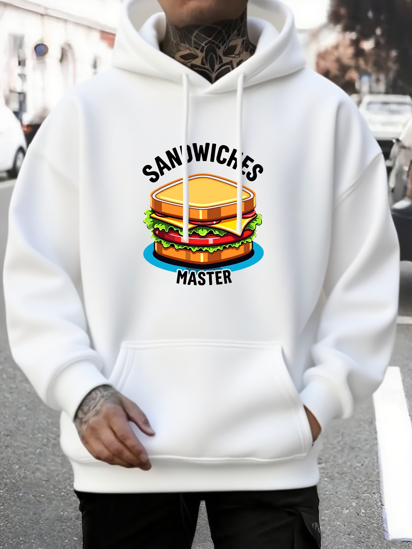 Tailorly Men's Printed Hoodie - Sandwiches Master Yolk Oozing Melting Cheese Urban Burger Sandwich