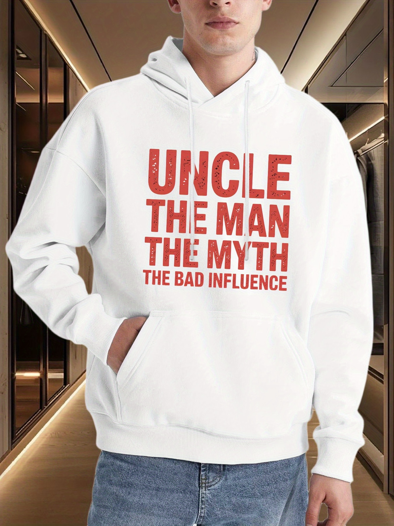 Tailorly Men's Printed Hoodie - Uncle The Man The Myth The Bad Influence Bold Typography On White Hoodie