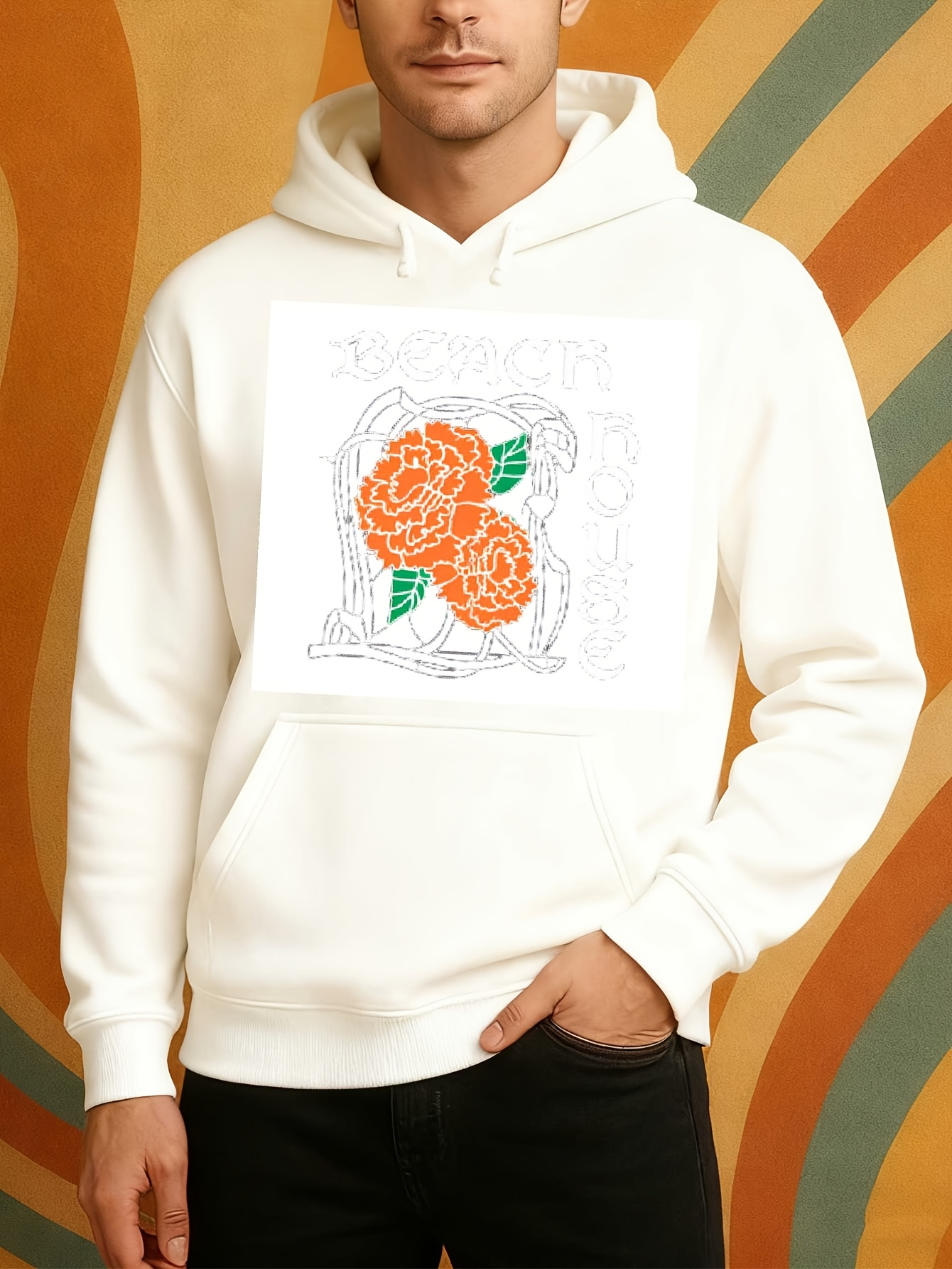 Tailorly Men's Printed Hoodie - Floral Pattern With Vibrant Orange Petals Surrounded By Green Leaves Blossom