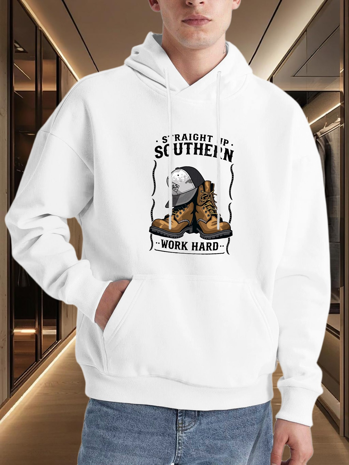 Tailorly Men's Printed Hoodie - Work Hard Helmet And Boots Resting On Wooden Plank Hoodie