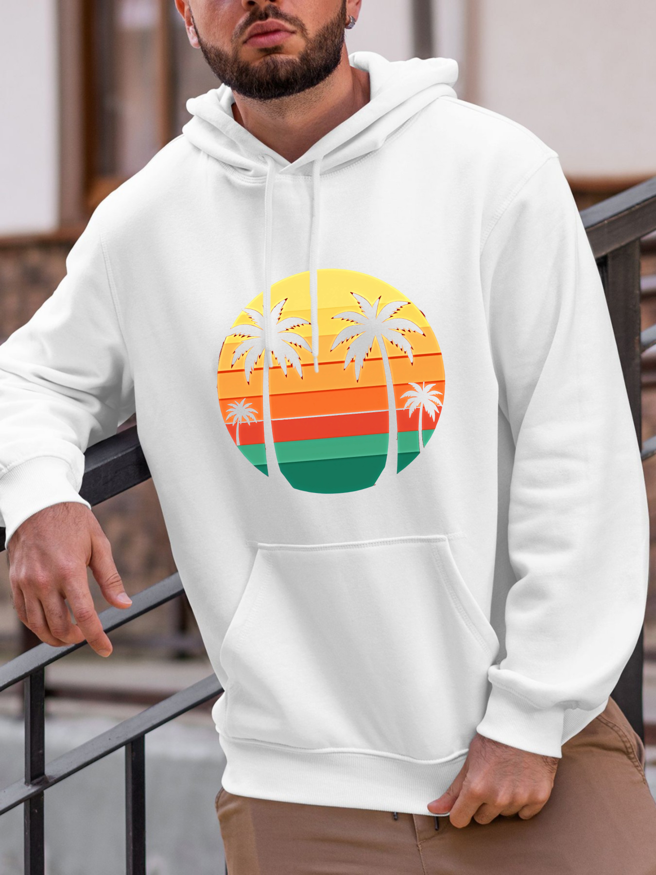Tailorly Men's Printed Hoodie - Tropical Sunset With Silhouetted Palm Trees Over Gradient Circle