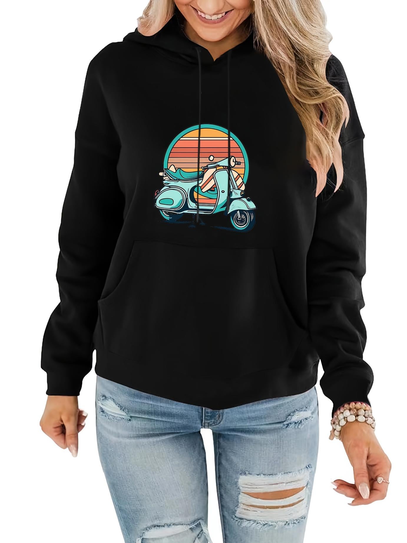 Tailorly Women's Printed Hoodie - Retro Sunset With Colorful Lines Surrounding A Vintage Scooter