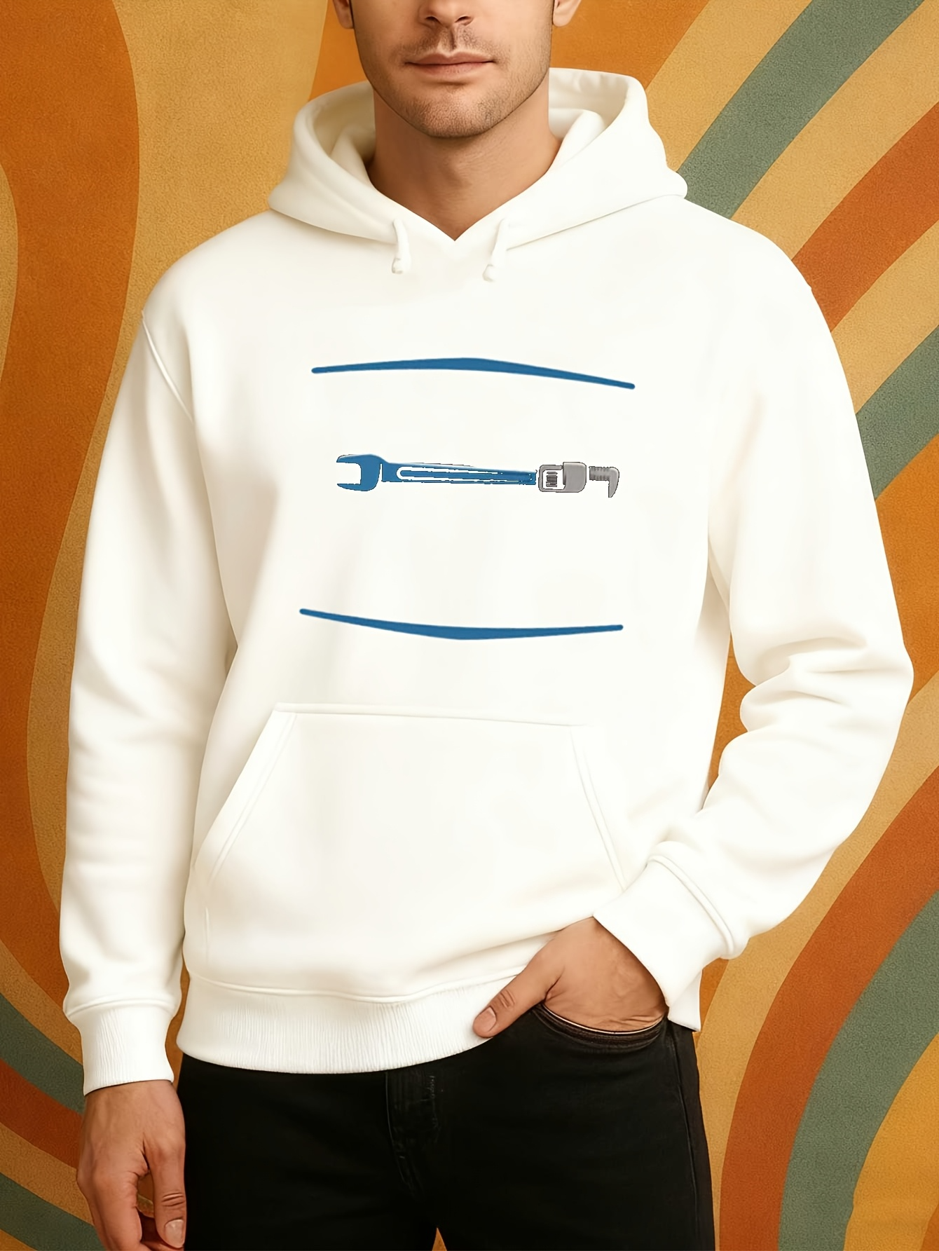 Tailorly Men's Printed Hoodie - Minimalist Blue Lines With Metal Tool Surrounded By White Space Wrench