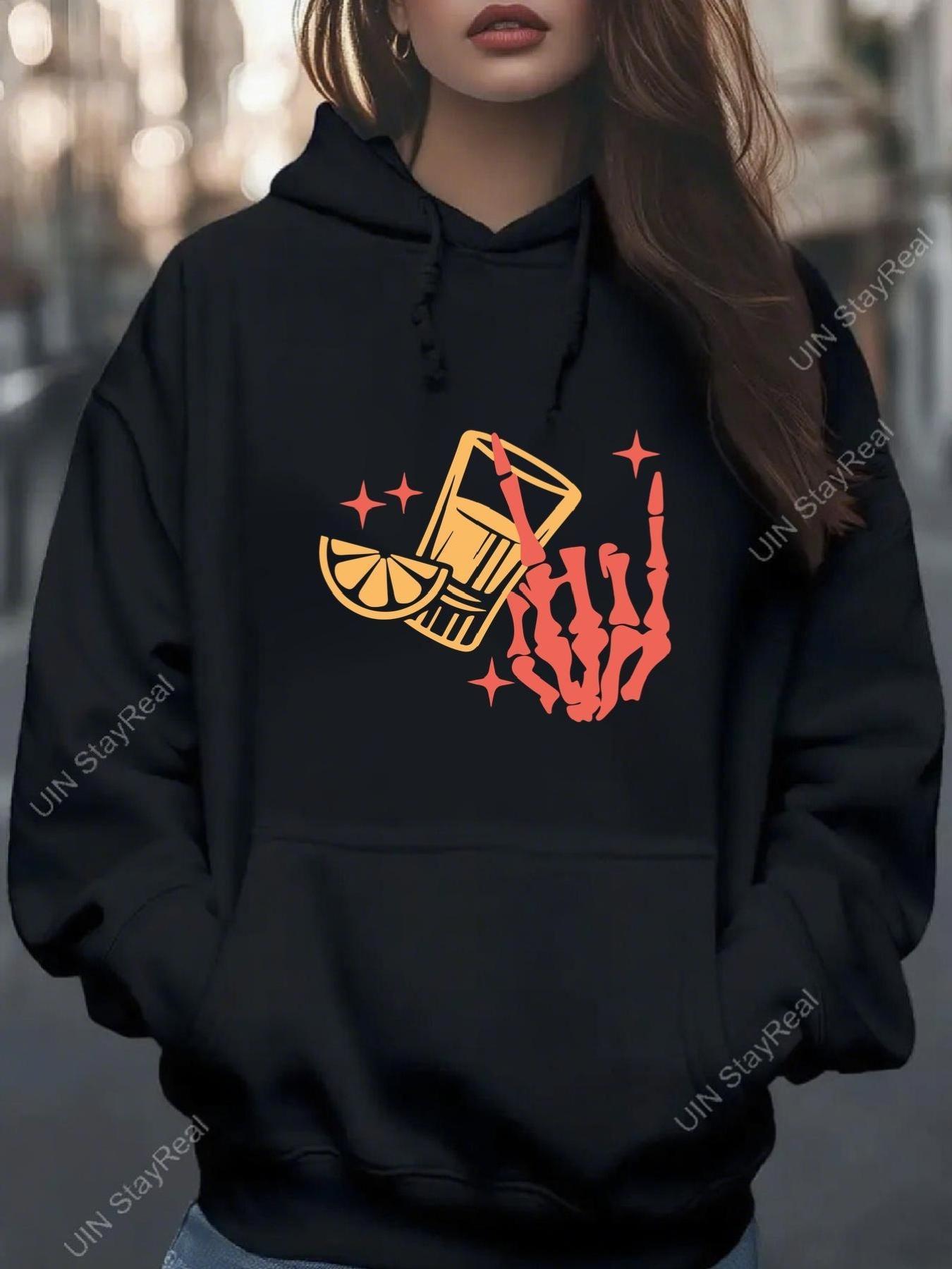 Tailorly Women's Printed Hoodie - Skeleton Hand With Cocktail Surrounded By Sparkling Bright Citrus Drink