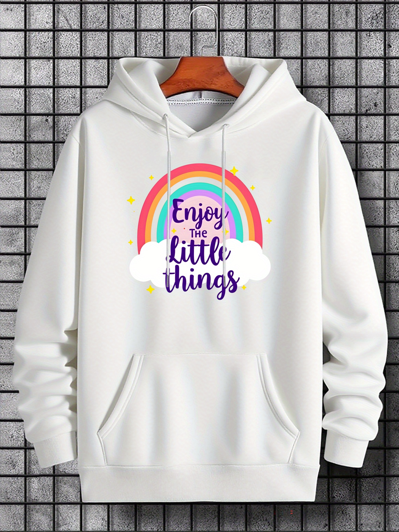 Tailorly Men's Printed Hoodie - Enjoy The Little Things Whimsical Rainbow And Fluffy Clouds Under Colorful Sky Hoodie