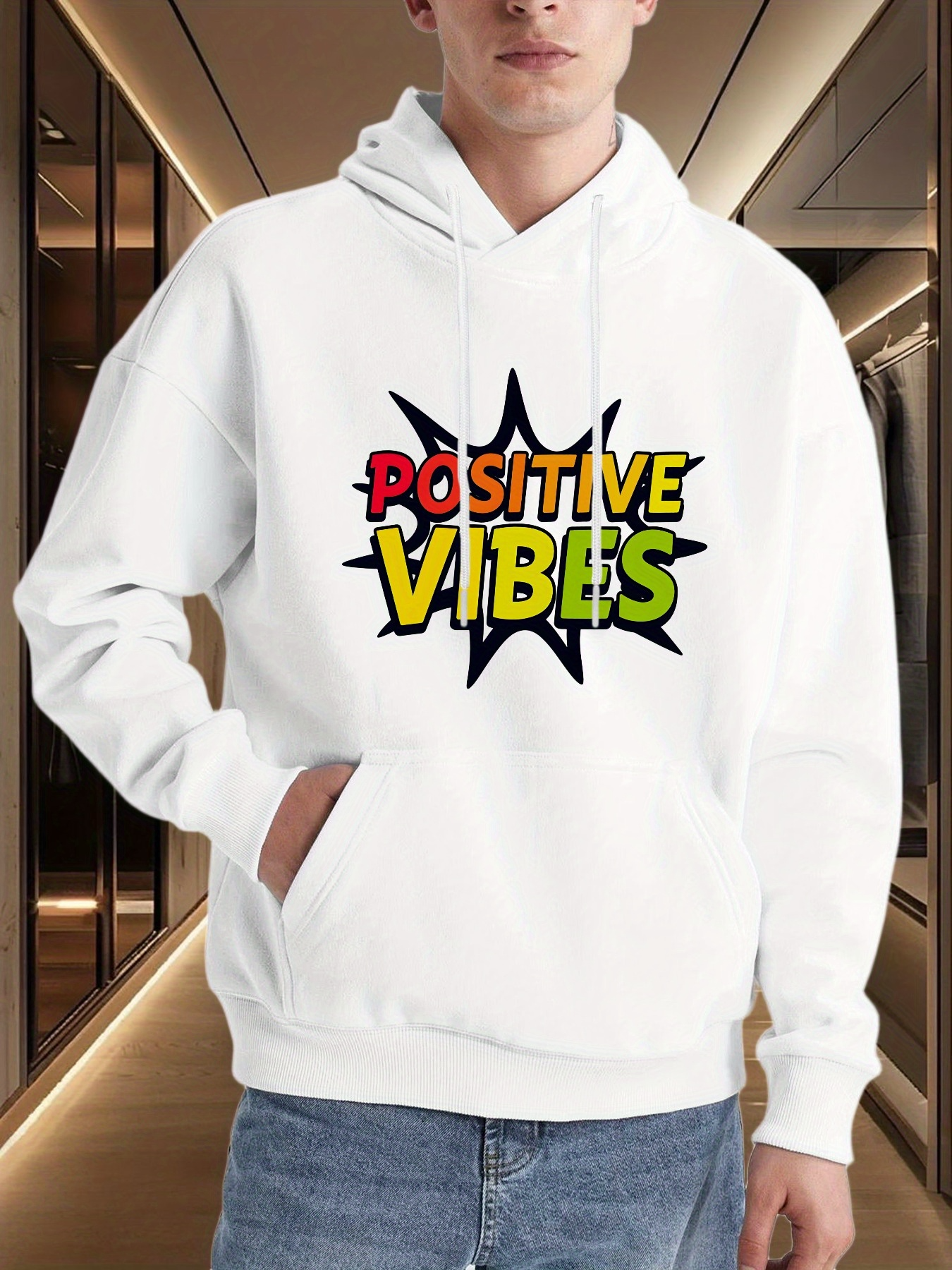 Tailorly Men's Printed Hoodie - Positive Vibes With Graphic Comic Burst Text Motif Hoodie