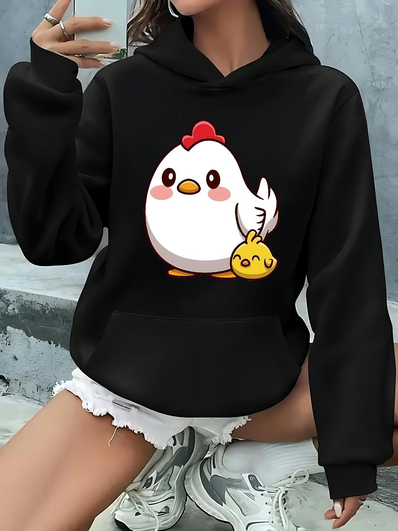 Tailorly Women's Printed Hoodie - Cute Cartoon Chick With Baby Chick Under Calm Sky Hen