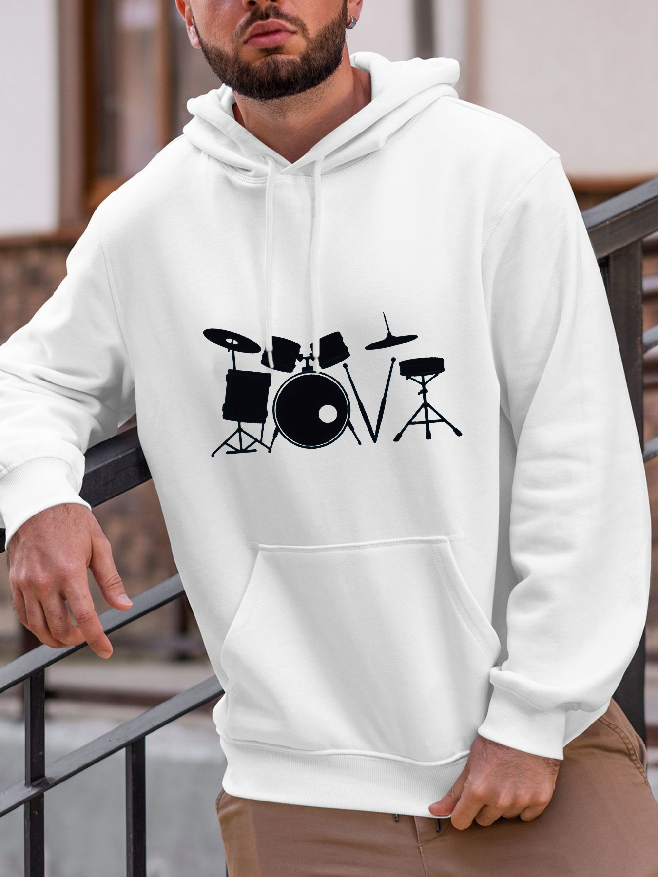 Tailorly Men's Printed Hoodie - Minimalist Silhouette Drum Set On Modern White Hoodie