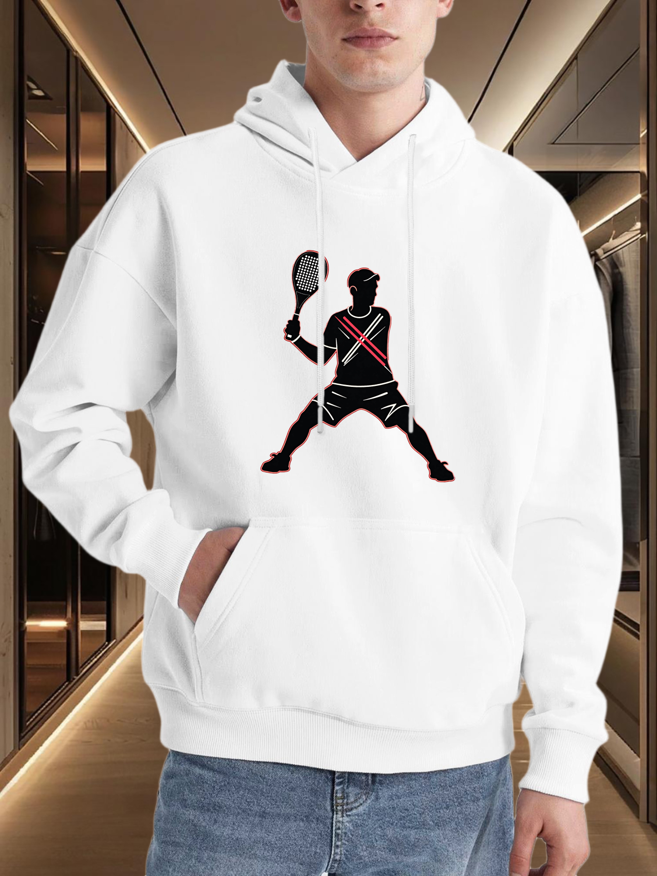 Tailorly Men's Printed Hoodie - Dynamic Motion Figure In Silhouette With Racket Under Stadium Lights Tennis Player