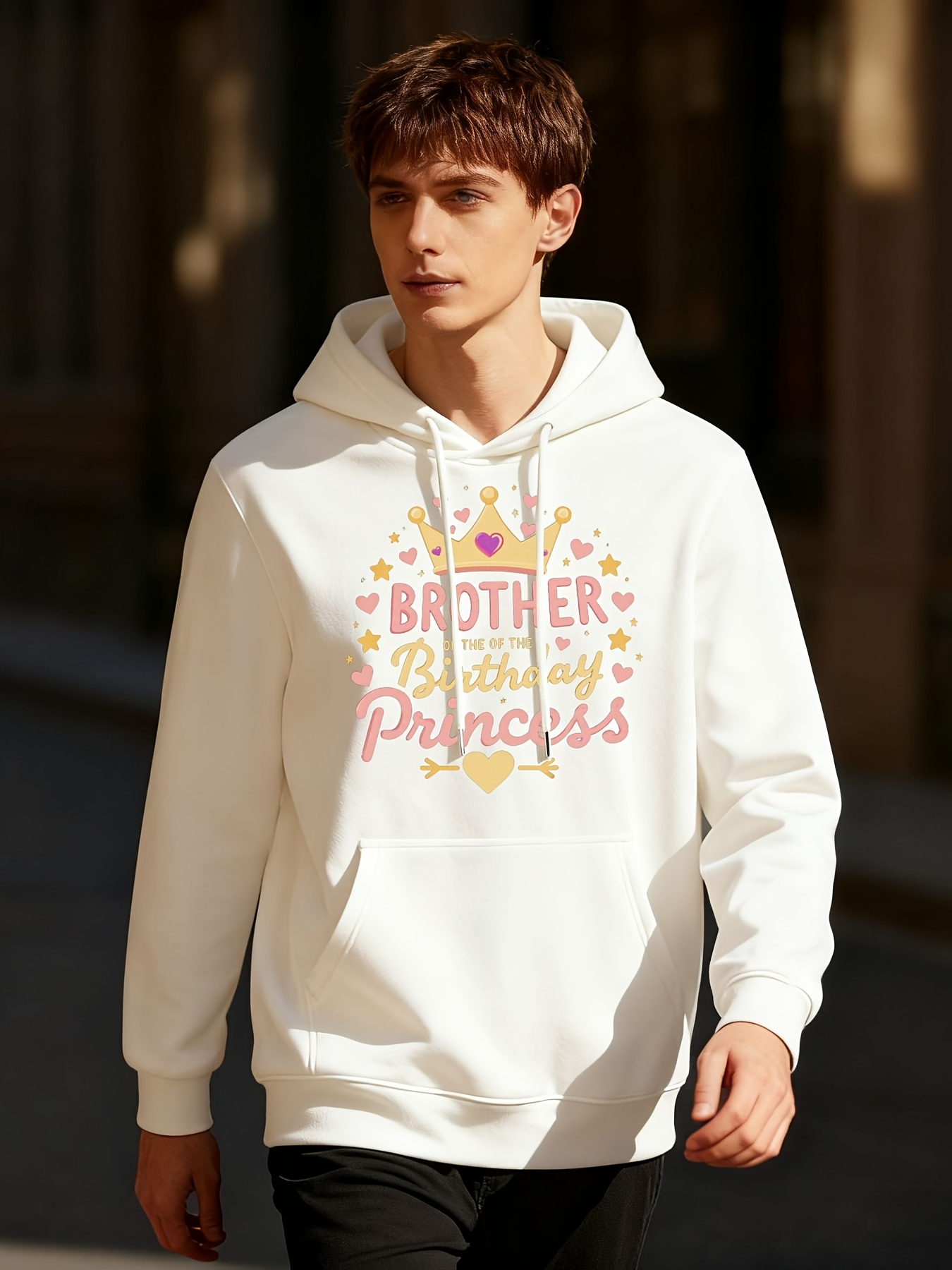 Tailorly Men's Printed Hoodie - Brother Of A Real Life Princess Surrounded By Pink Yellow Hearts And A Crown
