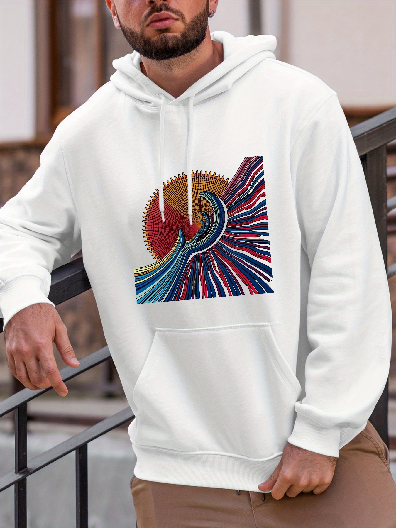 Tailorly Men's Printed Hoodie - Colorful Ocean Wave Beneath Radiant Sun In Abstract Motif Wave