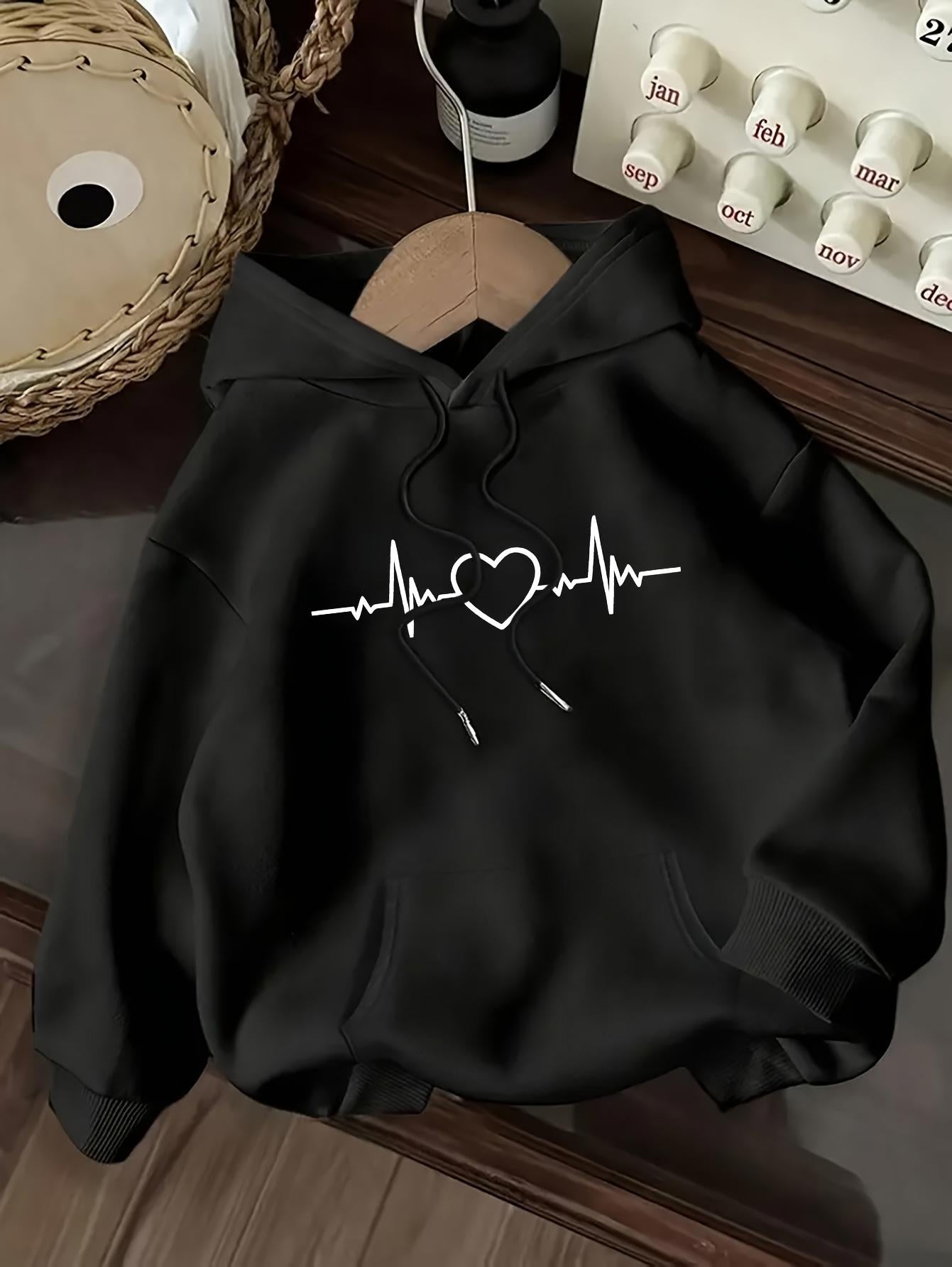 Tailorly Women's Printed Hoodie - Minimalist Heartbeat Line Art Design With Simple Bold Accents Hoodie