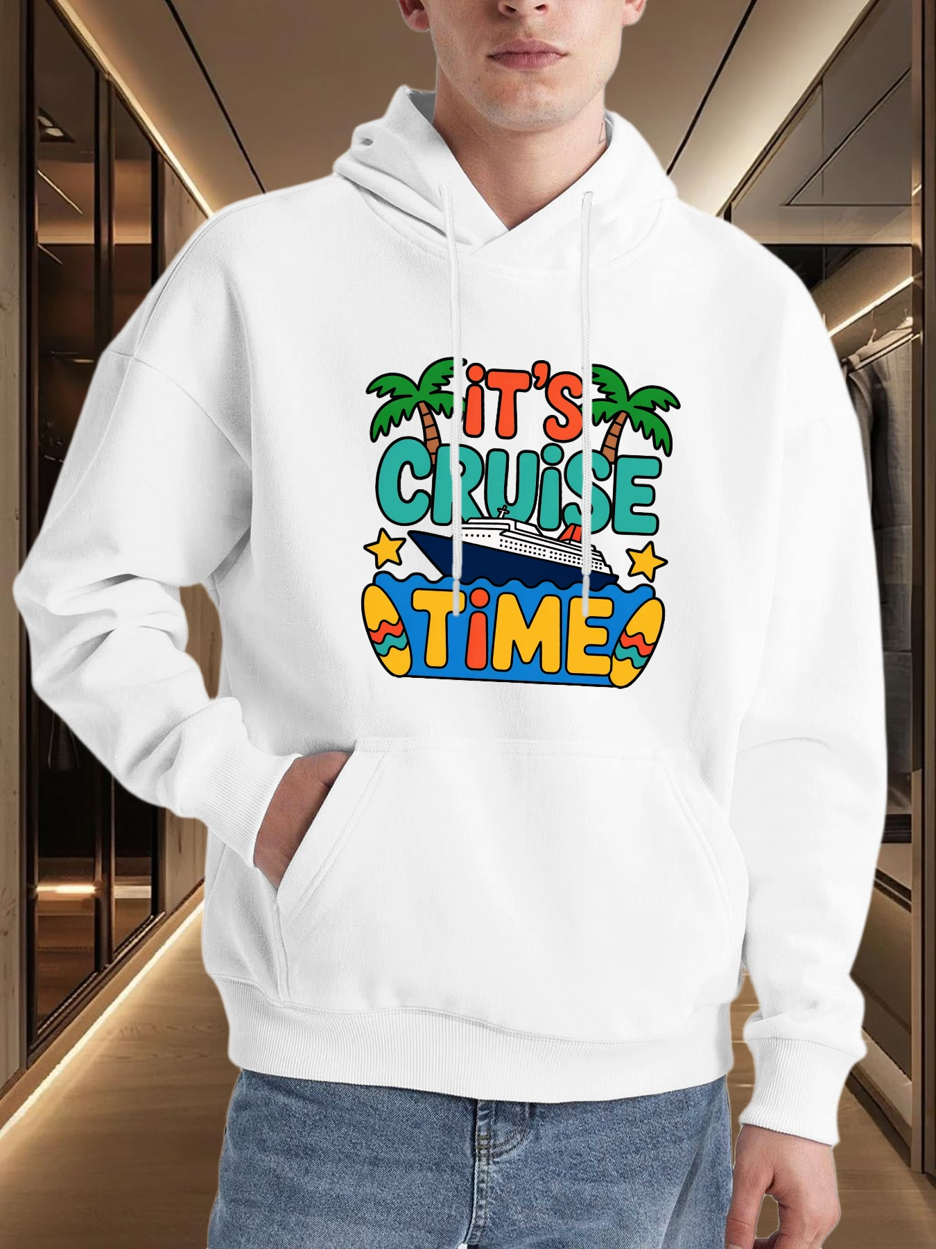 Tailorly Men's Printed Hoodie - Its Cruise Time With Palm Trees Stars Waves Colorful Lettering Cruise Ship