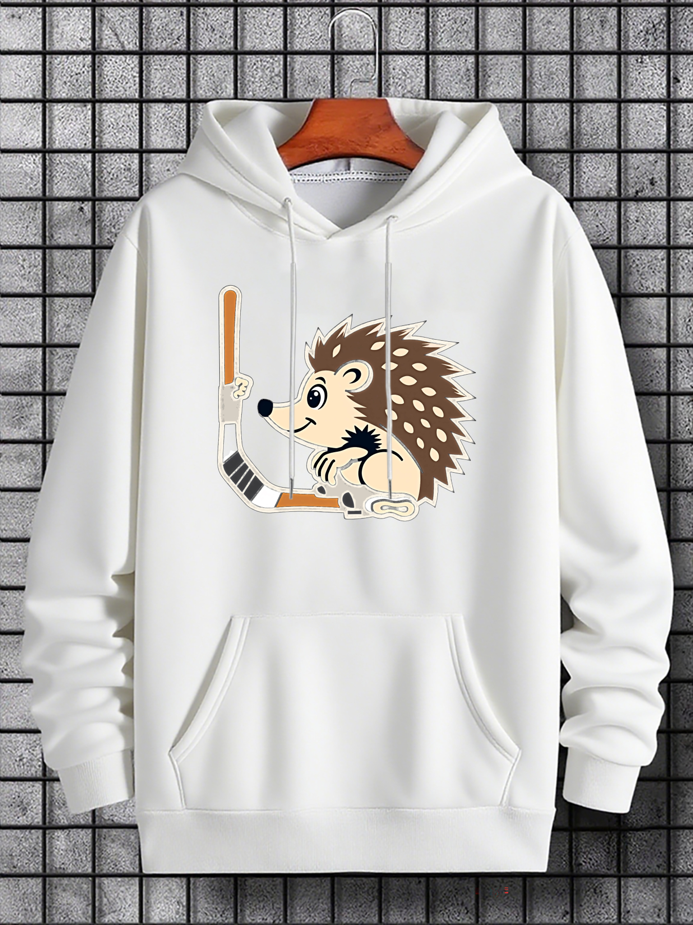 Tailorly Men's Printed Hoodie - Playful Hedgehog With Hockey Stick On White Hoodie