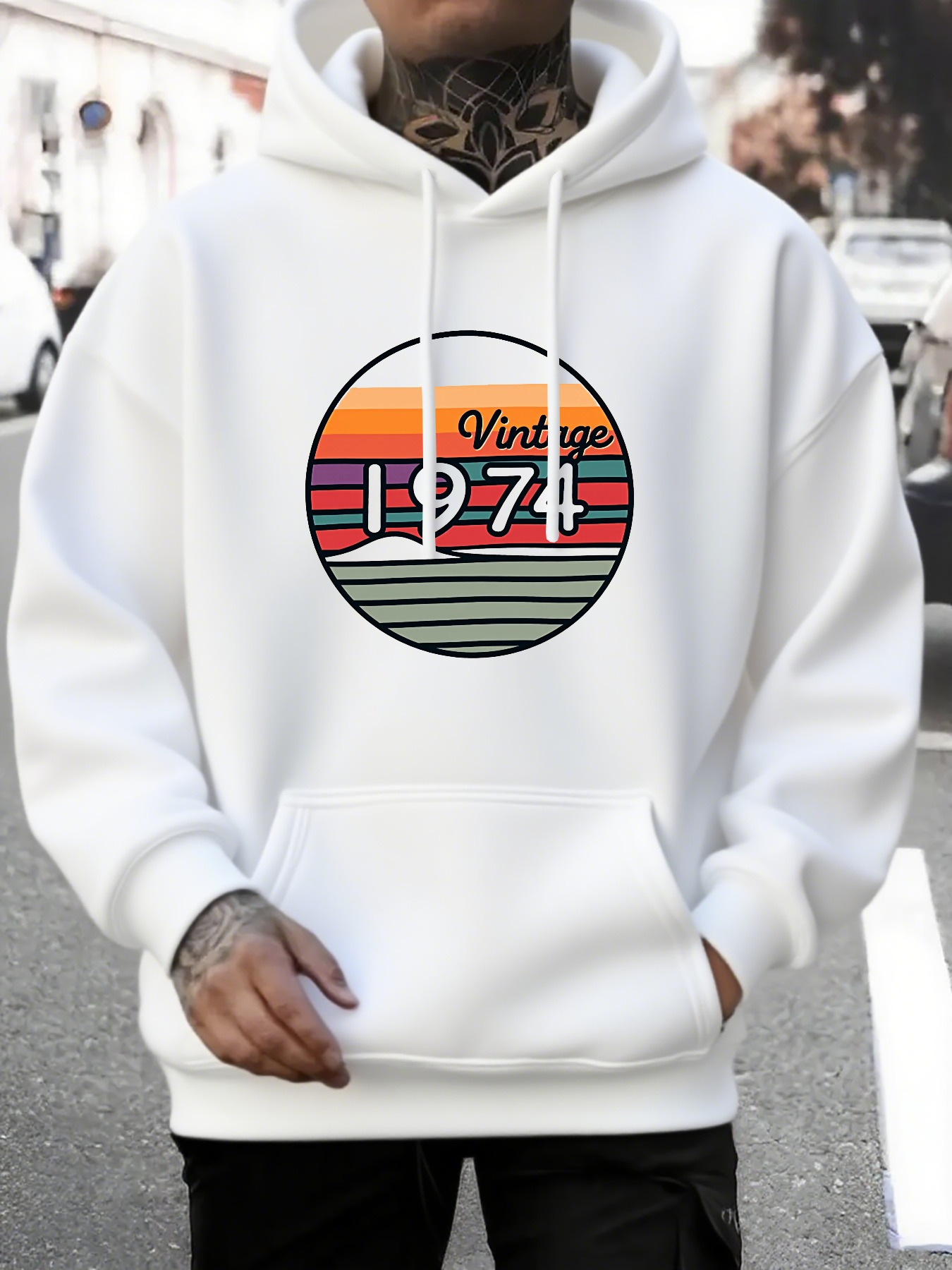 Tailorly Men's Printed Hoodie - Vintage Sunset Graphic With Striped Retro Colors And Bold Large Numbers Hoodie