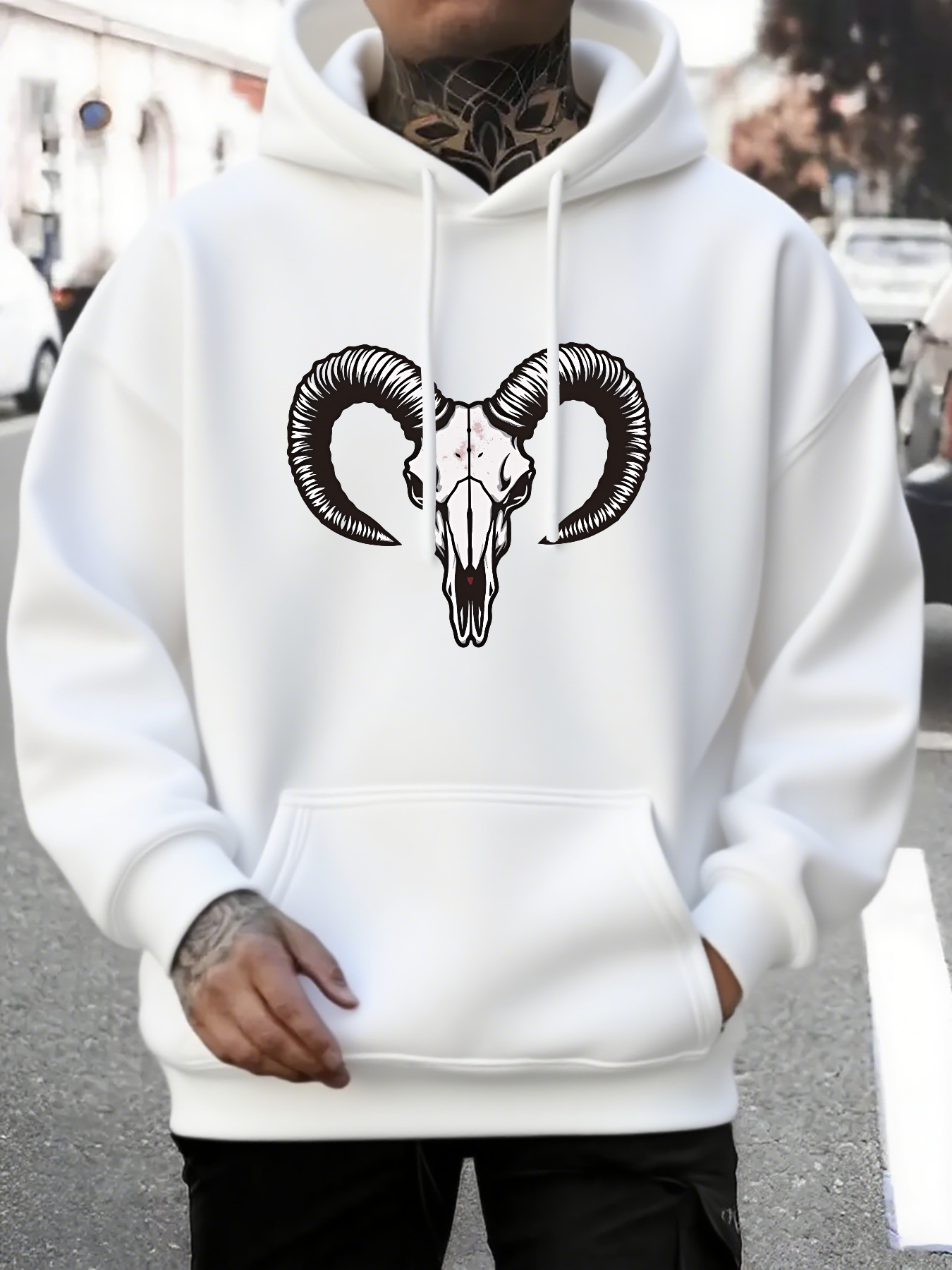 Tailorly Men's Printed Hoodie - Urban Minimalist Art With Bold Black Horns On Ram Skull
